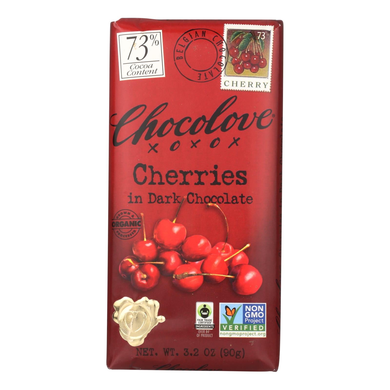 Chocolove Xoxox - Premium Chocolate Bar - Organic Dark Chocolate - Fair Trade Cherries - 3.2 oz Bars - Case of 12
