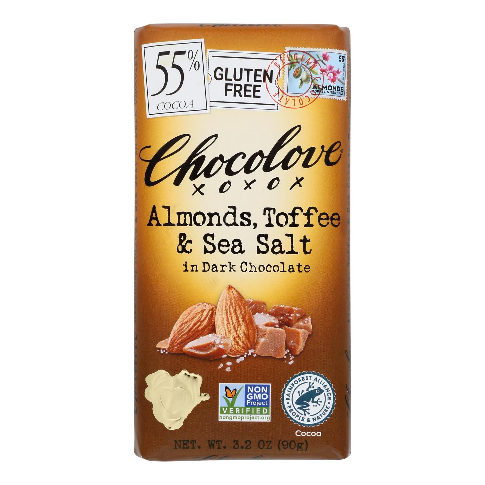 Chocolove Xoxox - Bar - Almond - Toffe - Sea Salt - Dark Chocolate - Case of 12 - 3.2 oz