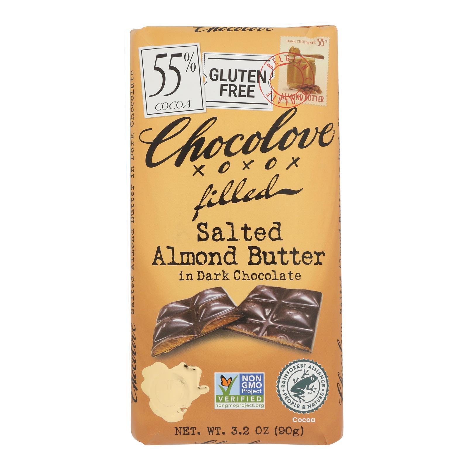 Chocolove Xoxox - Dark Chocolate Bar - Salted Almond Butter - Case of 10 - 3.2 oz