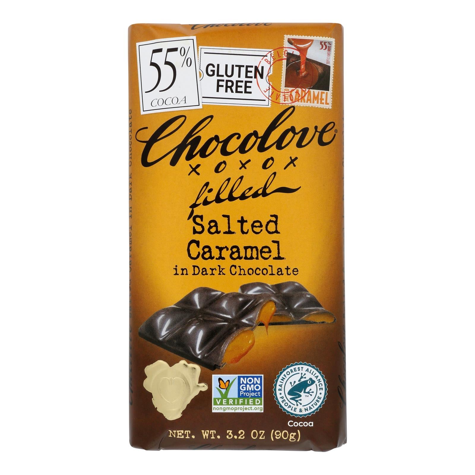 Chocolove Xoxox - Dark Chocolate Bar - Salted Caramel - Case of 10 - 3.2 oz
