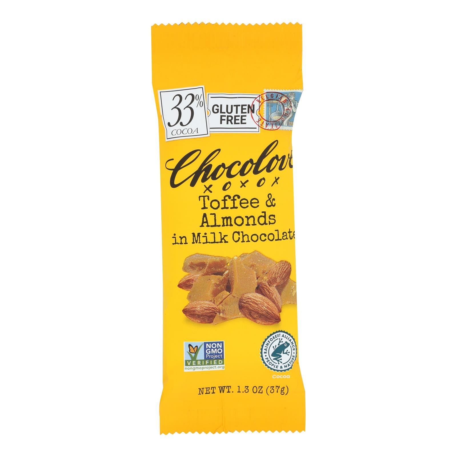 Chocolove Xoxox - Premium Chocolate Bar - Milk Chocolate - Toffee and Almonds - Mini - 1.3 oz Bars - Case of 12