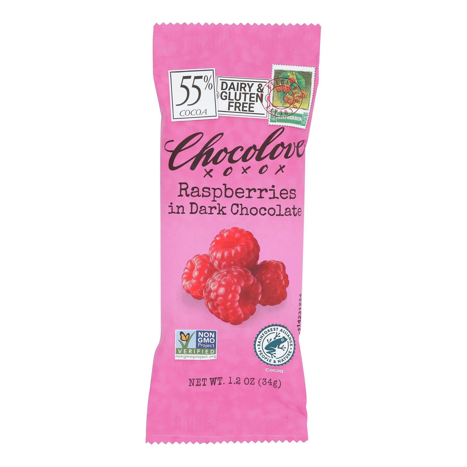 Chocolove Xoxox - Premium Chocolate Bar - Dark Chocolate - Raspberries - Mini - 1.2 oz Bars - Case of 12
