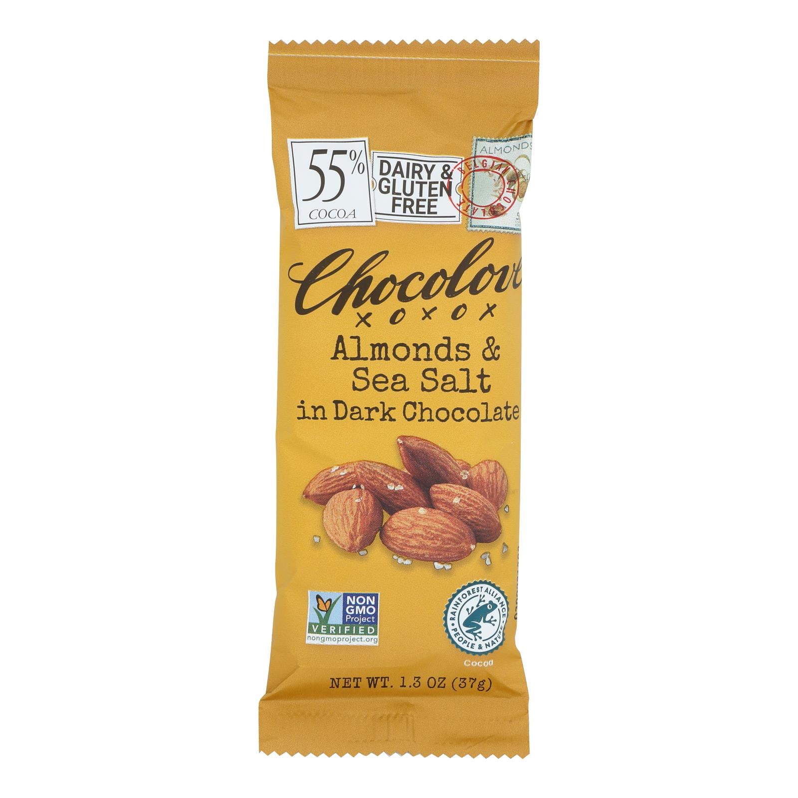 Chocolove Xoxox - Premium Chocolate Bar - Dark Chocolate - Almonds and Sea Salt - Mini 1.3 oz Bars - Case of 12