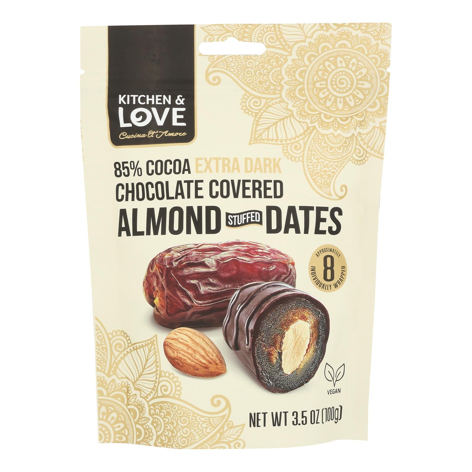 Kitchen & Love - Almond Stuffed Dates Dark Chocolate - Case of 8-3.5 OZ