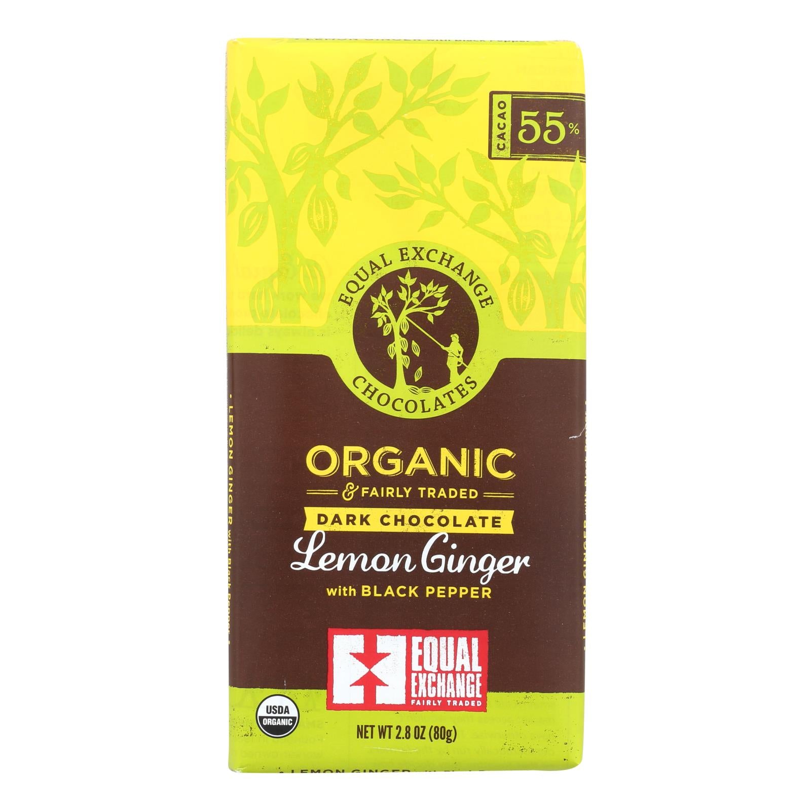 Equal Exchange Organic Dark Chocolate Lemon Ginger with Black Pepper - Lemon Ginger - Case of 12 - 2.8 oz.