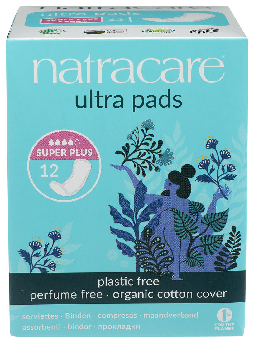 Natracare Natural Ultra Pads Super Plus w/organic cotton cover -  12 Pack