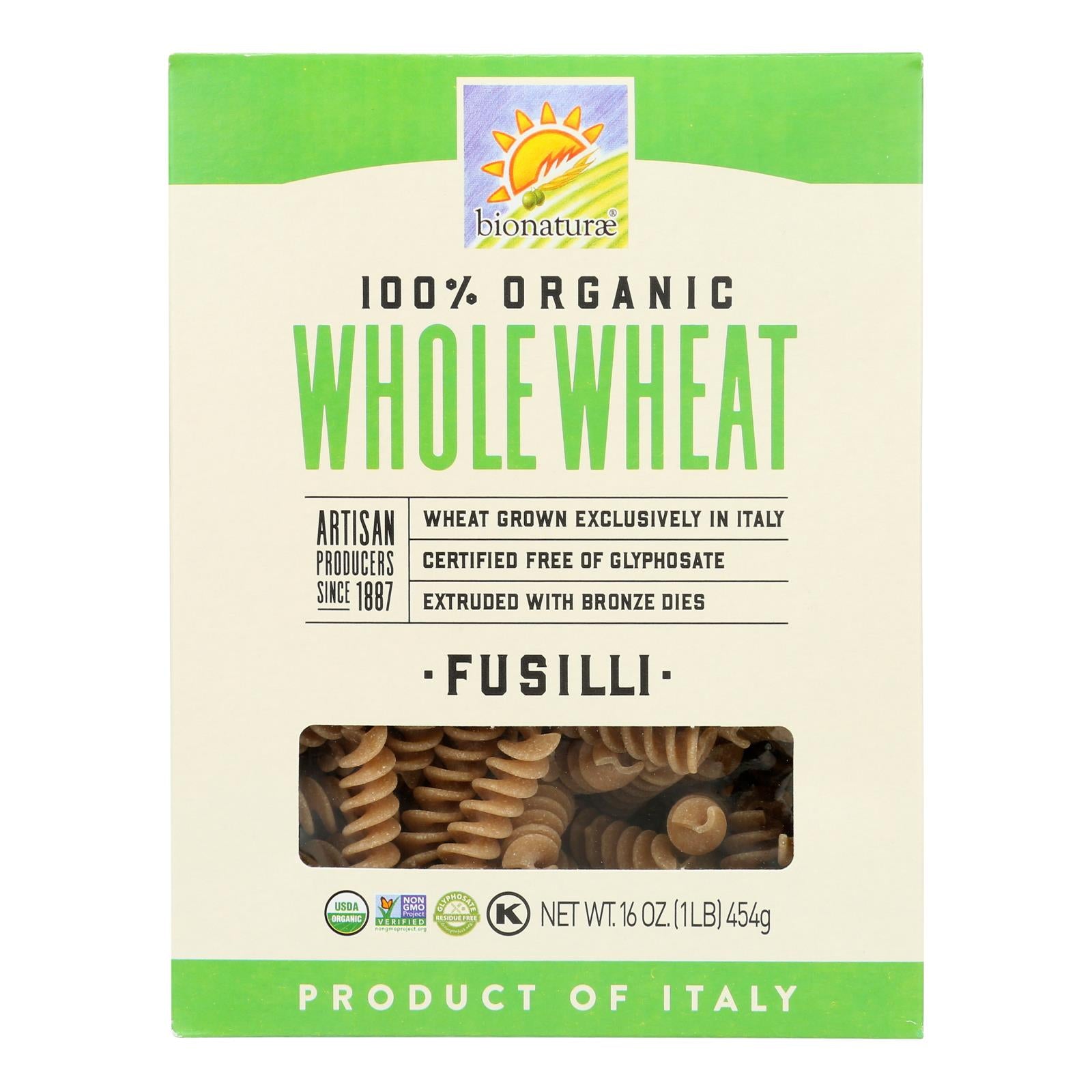 Bionaturae Pasta - Organic - 100 Percent Whole Wheat - Fusilli - 16 Oz - Case Of 12