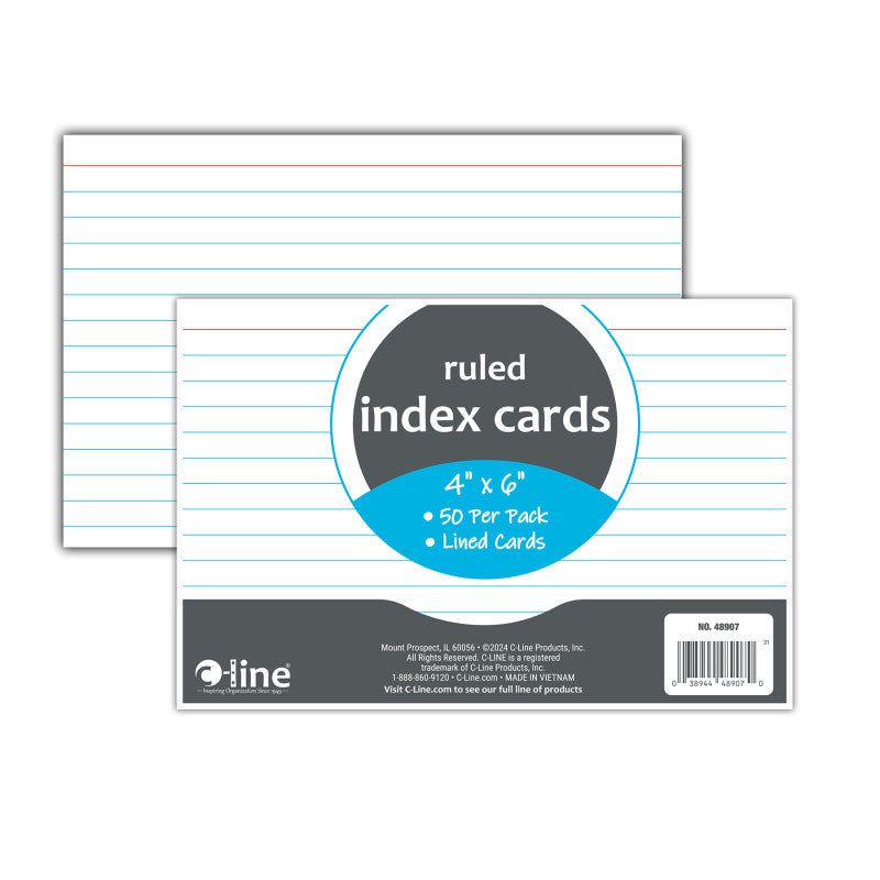 Index Cards, 4" x 6", White, Ruled, Pack of 50