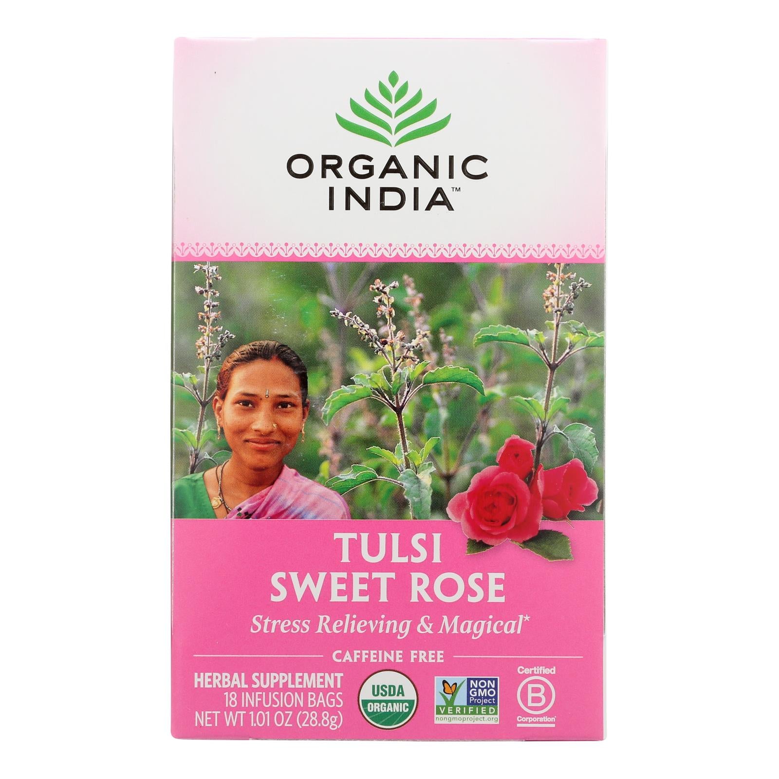 Organic India Tulsi Tea Sweet Rose - 18 Tea Bags - Case Of 6