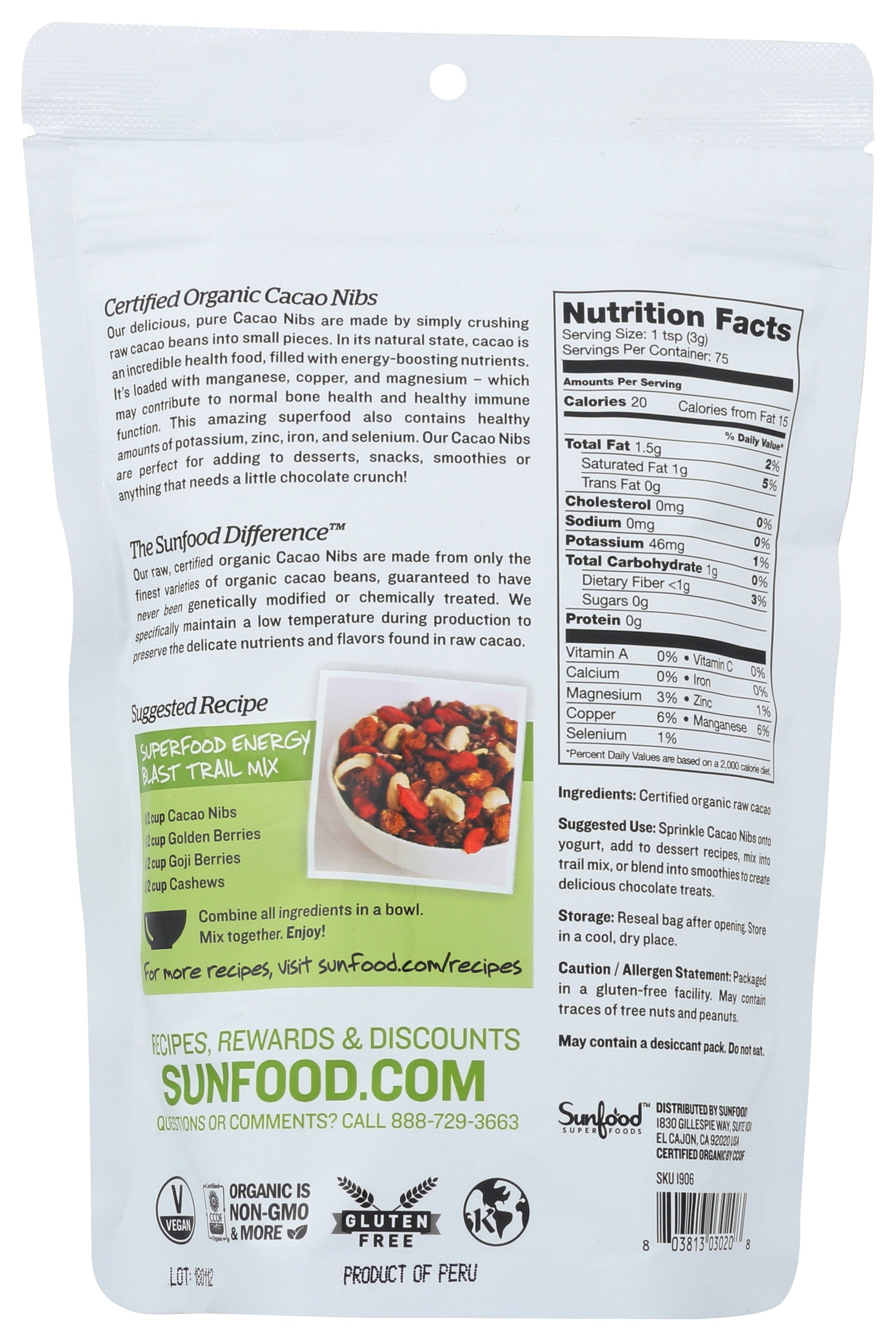 SUNFOOD SUPERFOODS CACAO NIBS ORGANIC