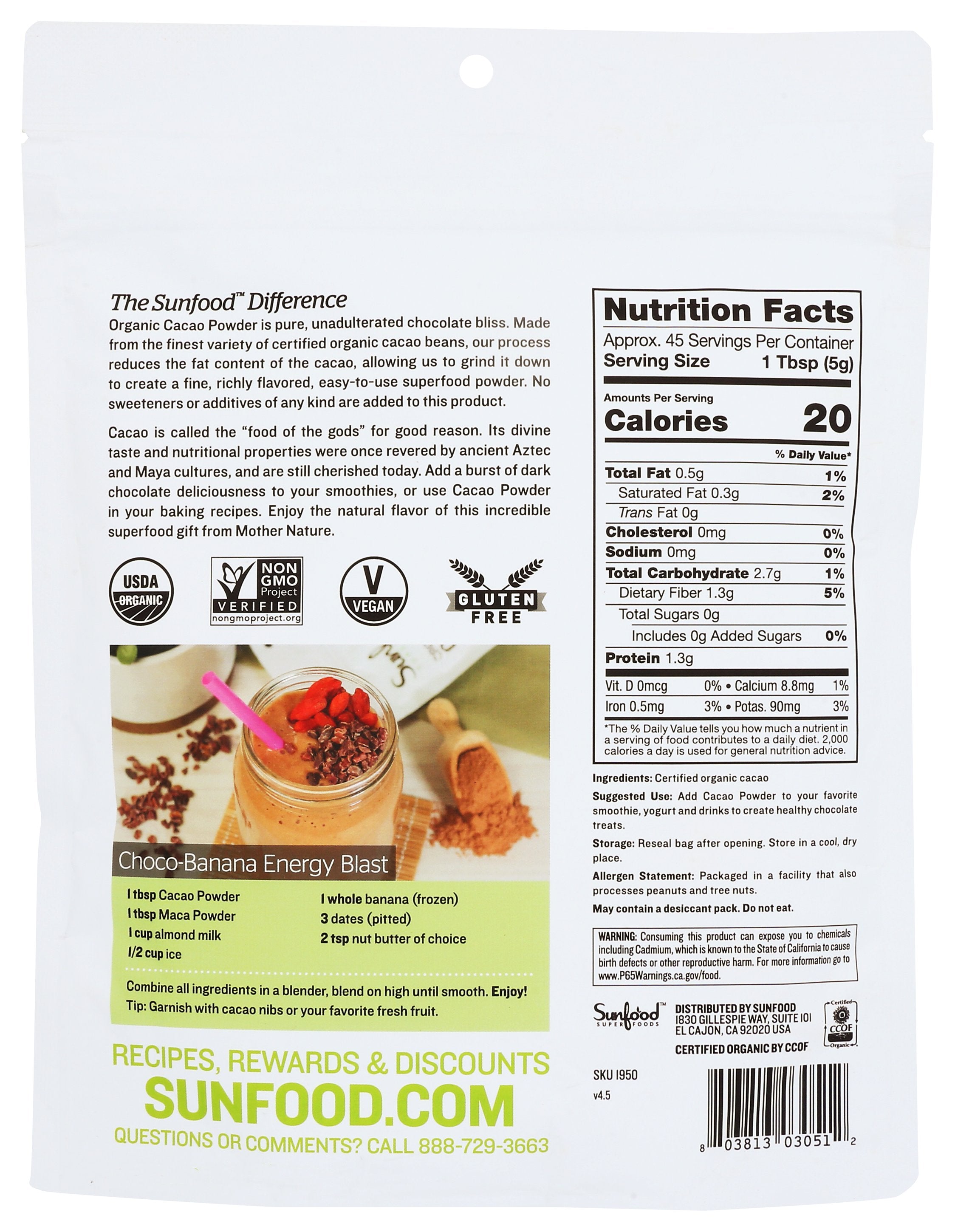 SUNFOOD SUPERFOODS CACAO POWDER ORGANIC