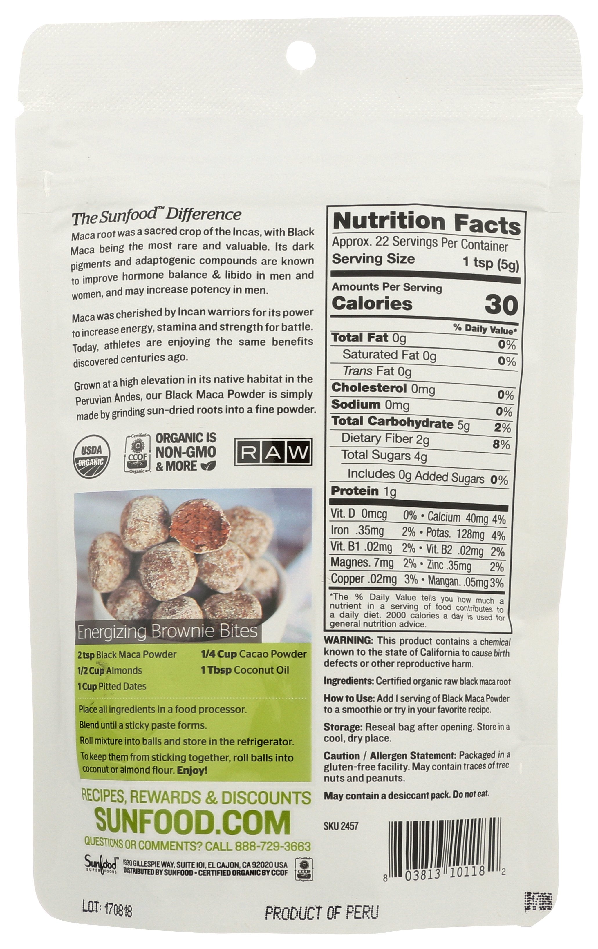 SUNFOOD SUPERFOODS MACA BLACK PWDR ORG