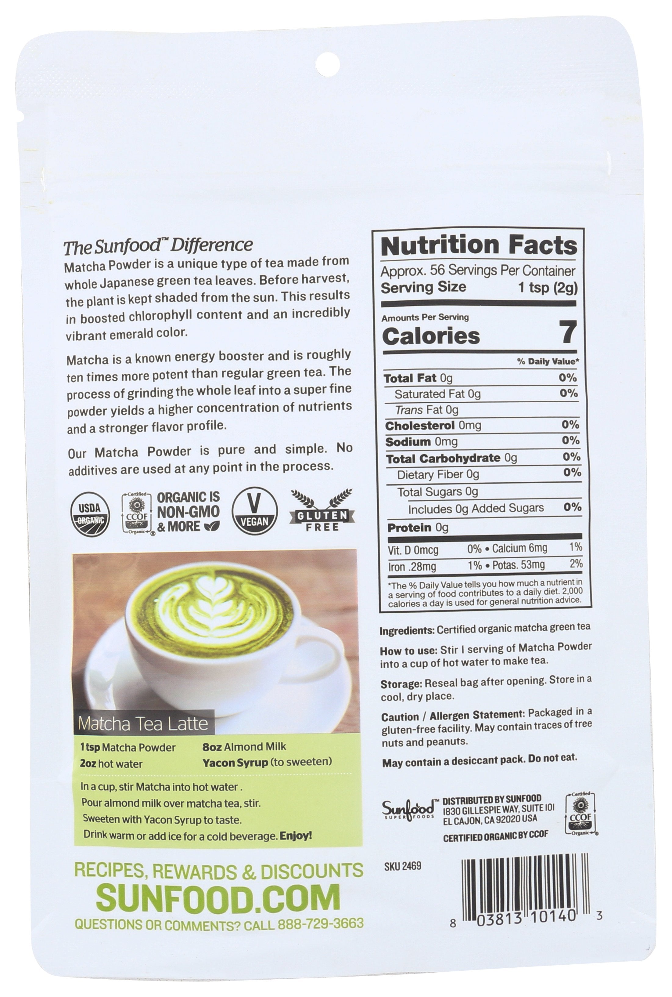 SUNFOOD SUPERFOODS MATCHA GREEN TEA PWDR ORG