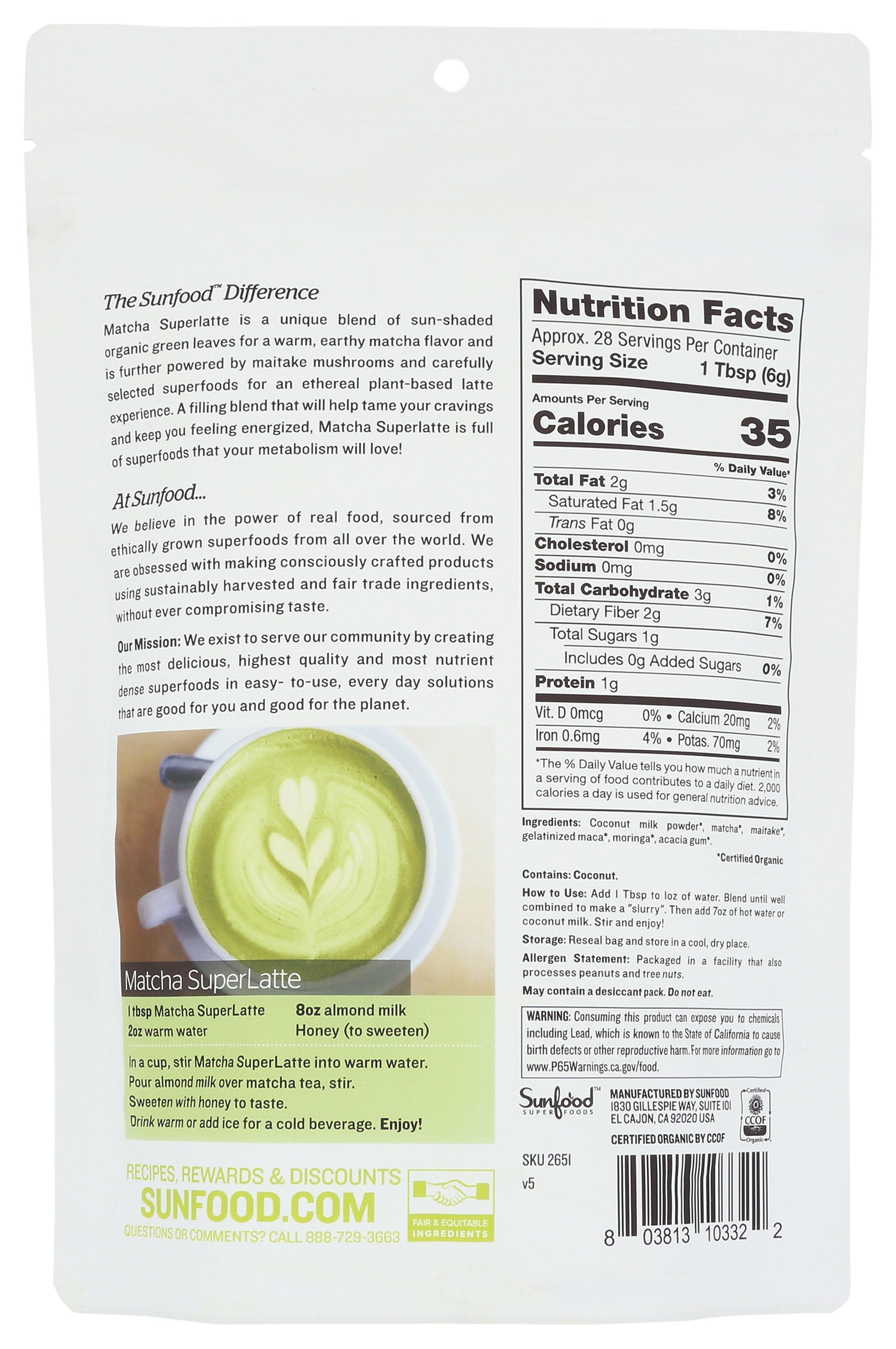 SUNFOOD SUPERFOODS MATCHA SUPERLATTE ORGANC