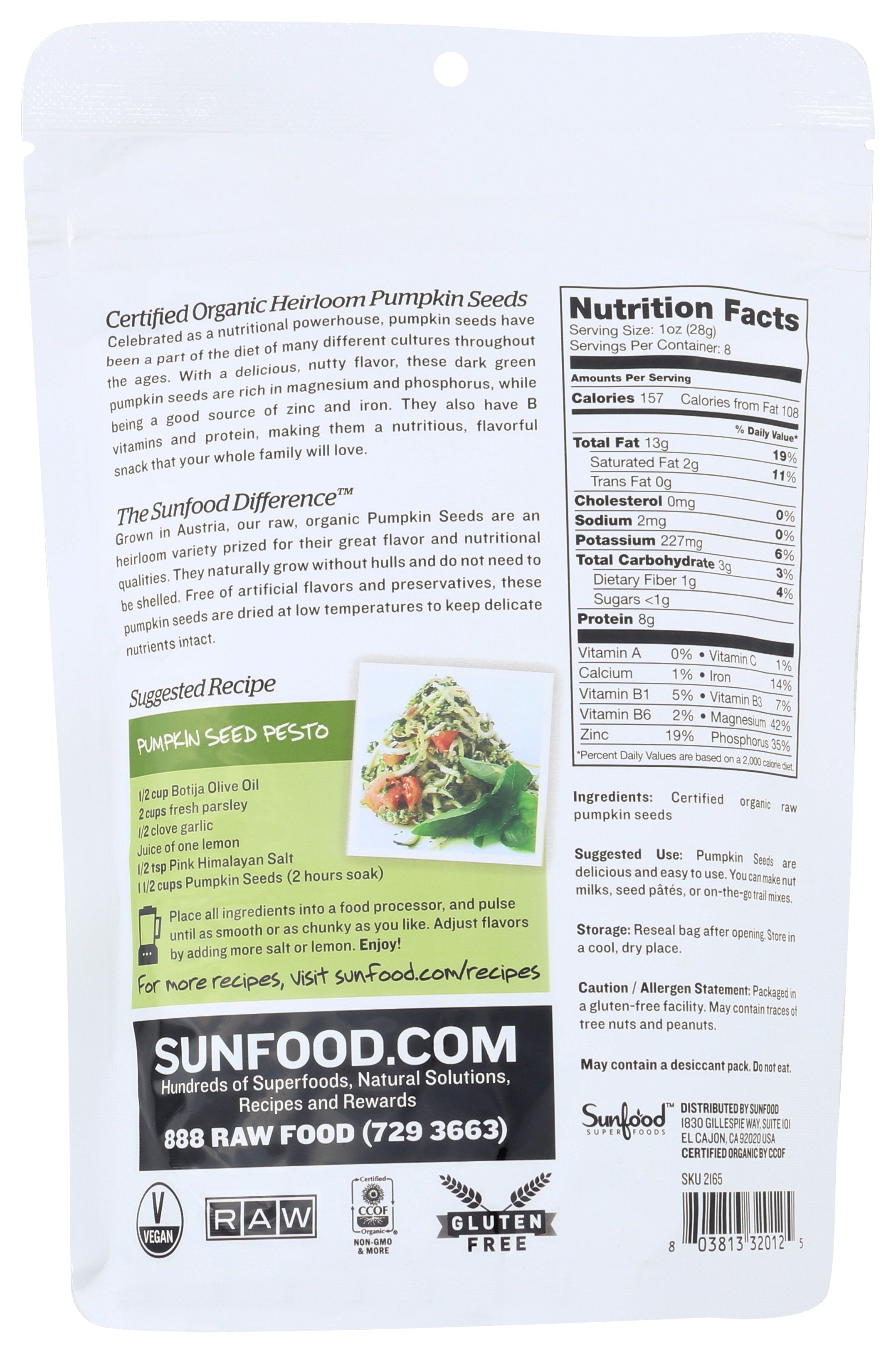 SUNFOOD SUPERFOODS PUMPKIN SEEDS HEIRLOM ORG