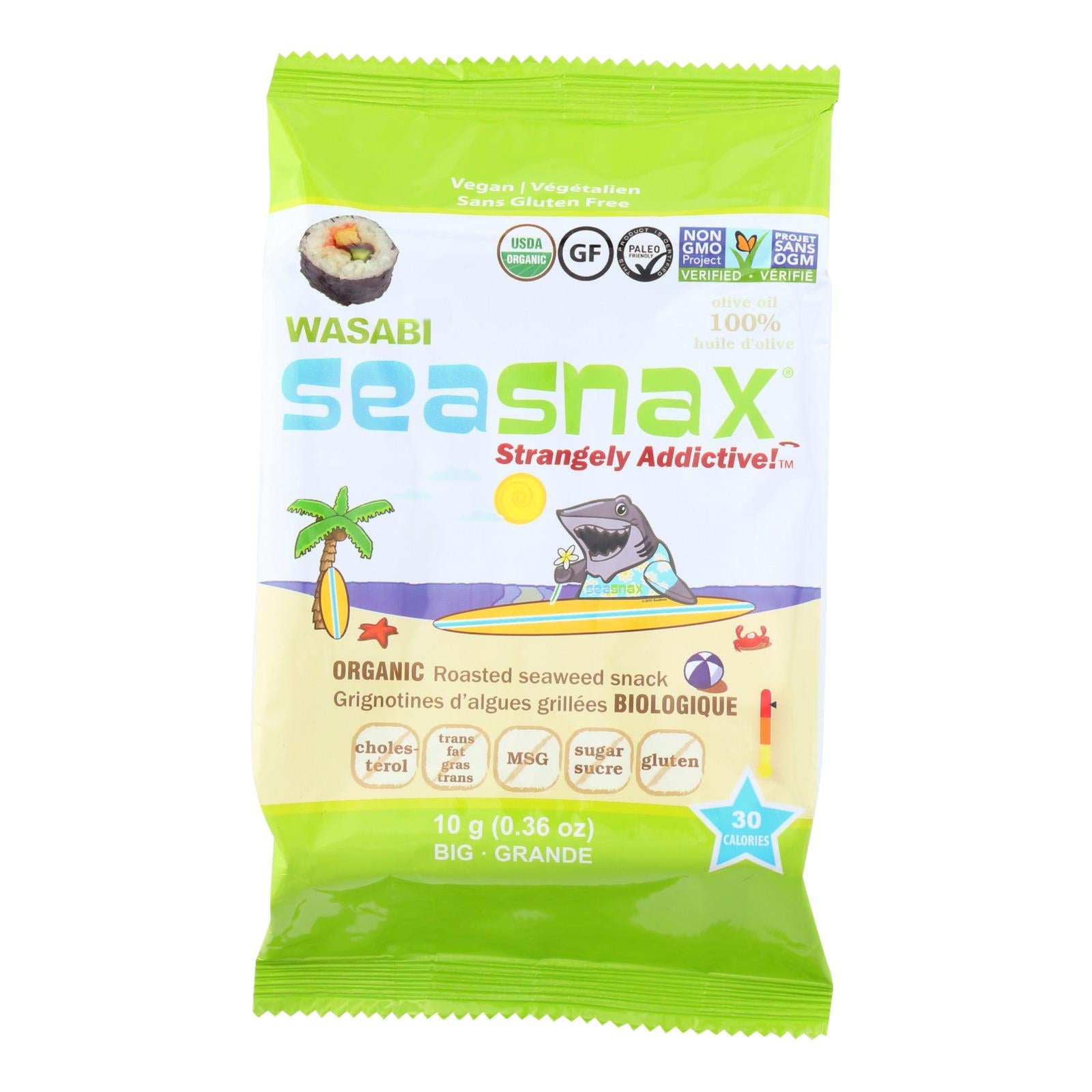 Seasnax Seaweed Snax - Organic - Wasabi - Case Of 12 - .36 Oz