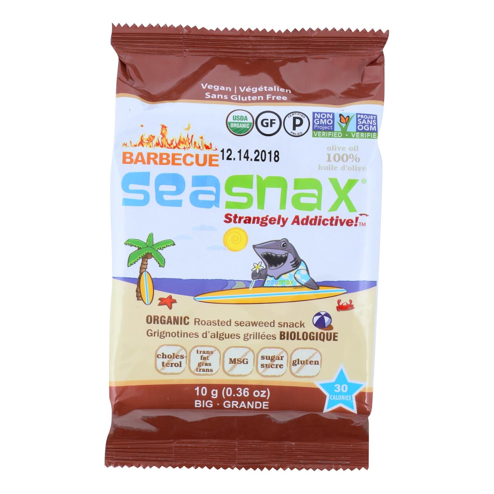 Seasnax Seaweed Snax - Organic - BBQ - Case of 12 - .36 oz