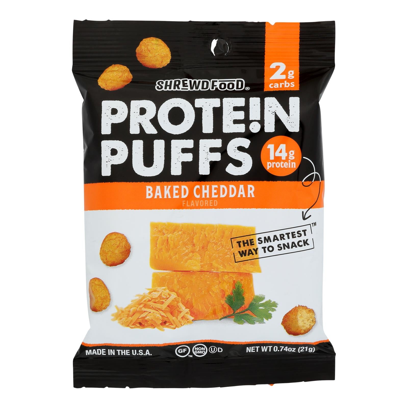 Shrewd Food - Protein Puff Baked Cheddar - Case of 8 - 0.74 Ounces