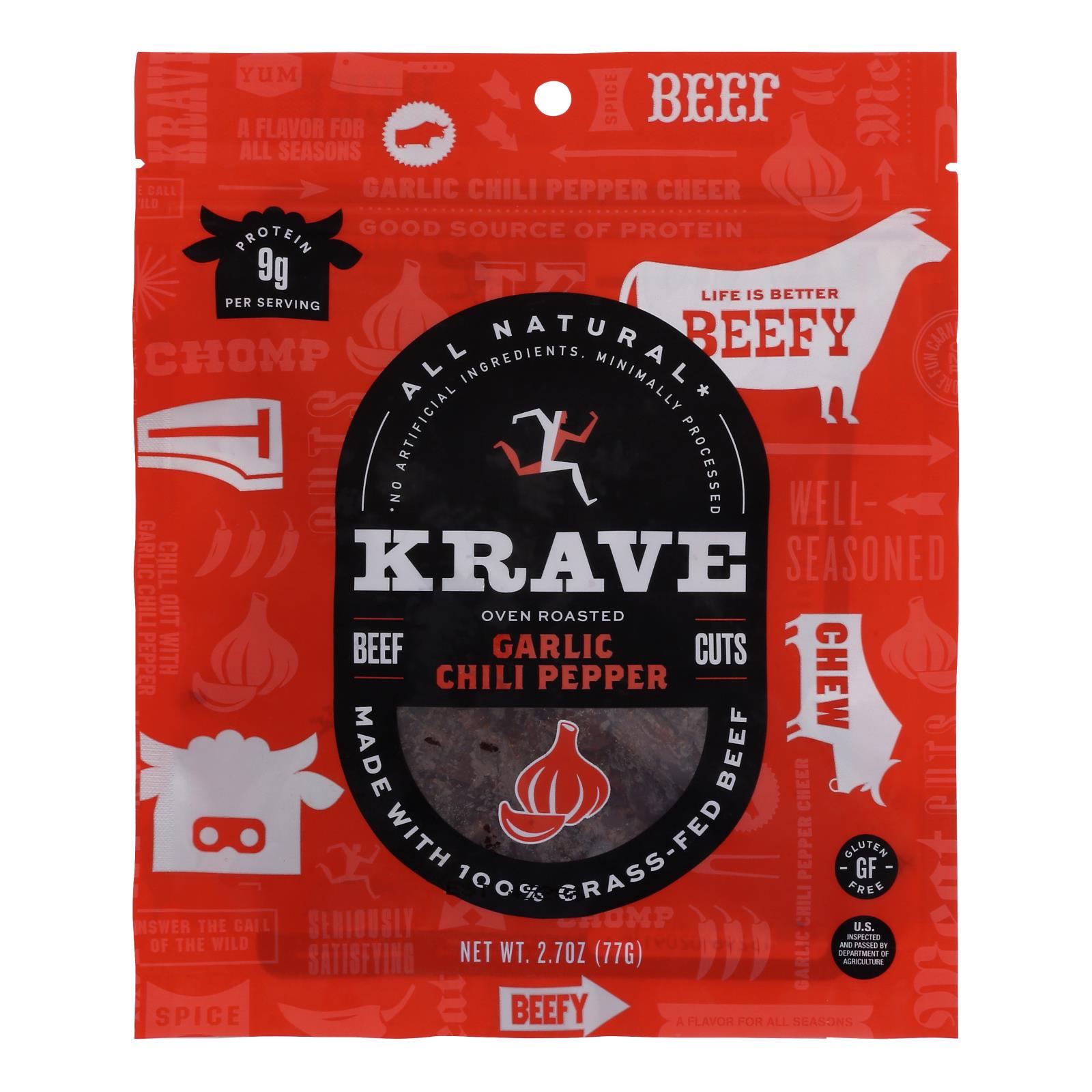 Krave Beef Jerky - Garlic Chili Pepper - Case of 8 - 2.7 oz