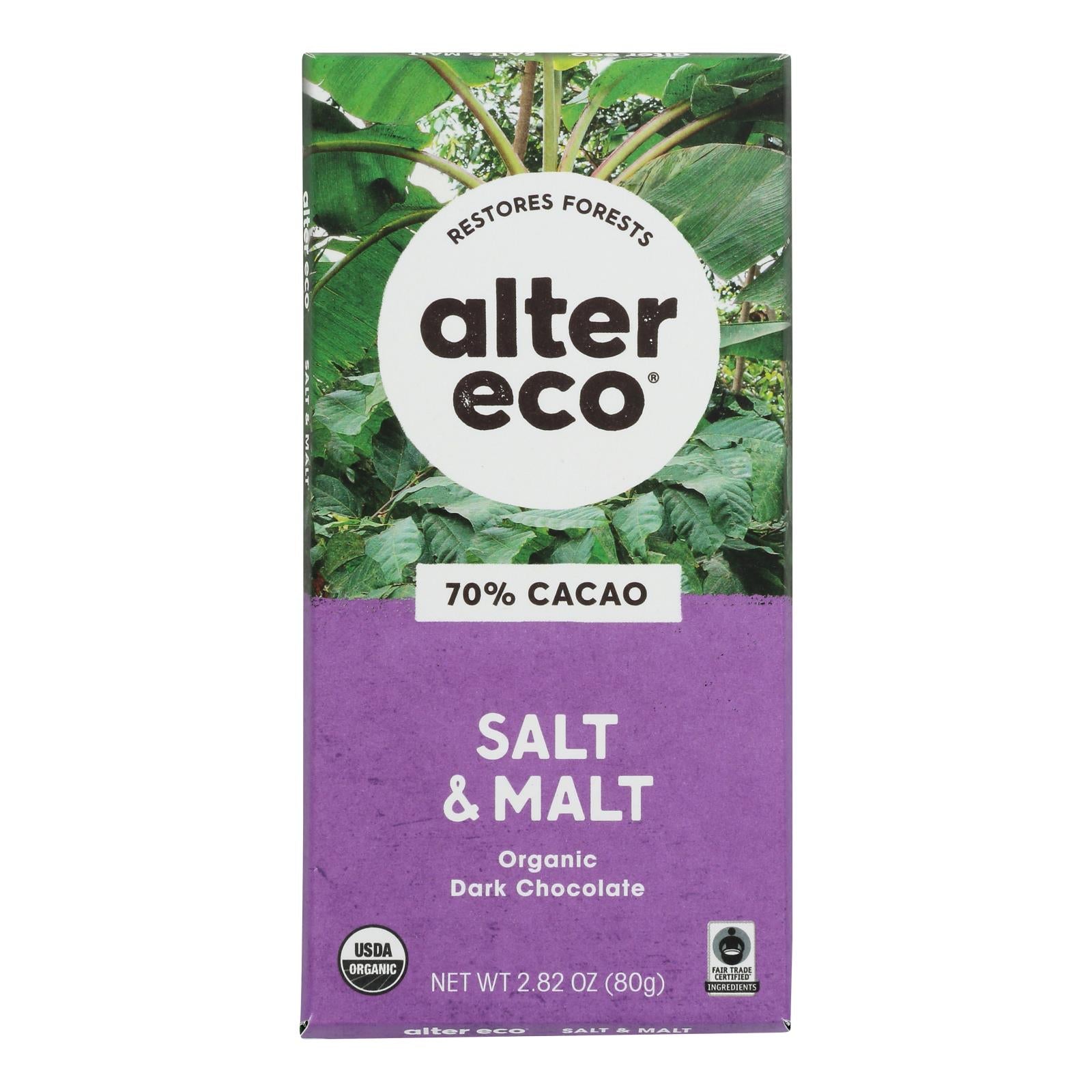 Alter Eco Americas Organic Chocolate Bar - Dark Salt & Malt - Case of 12 - 2.82 oz