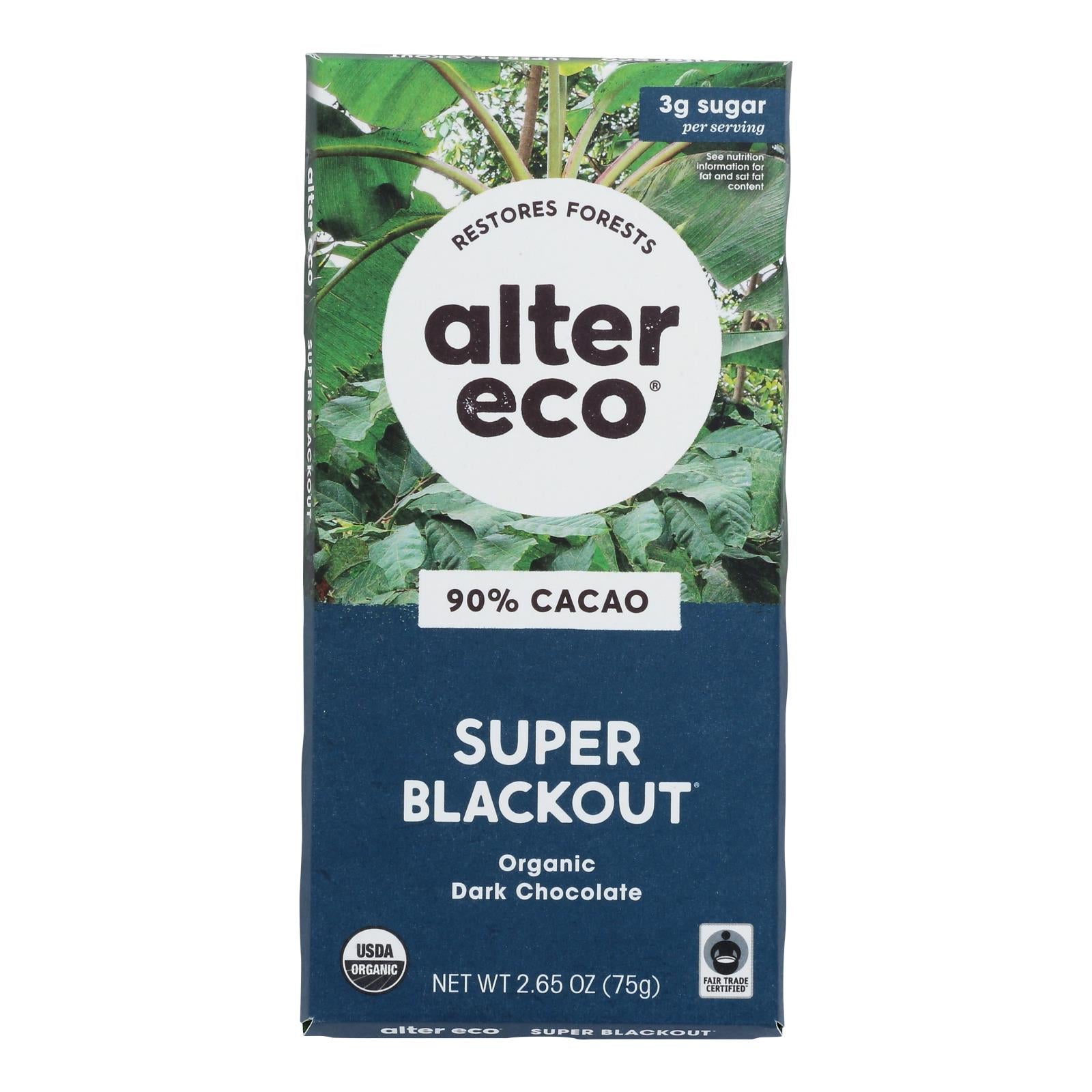 Alter Eco Americas Organic Chocolate Bar - Dark Super Blackout - Case of 12 - 2.65 oz