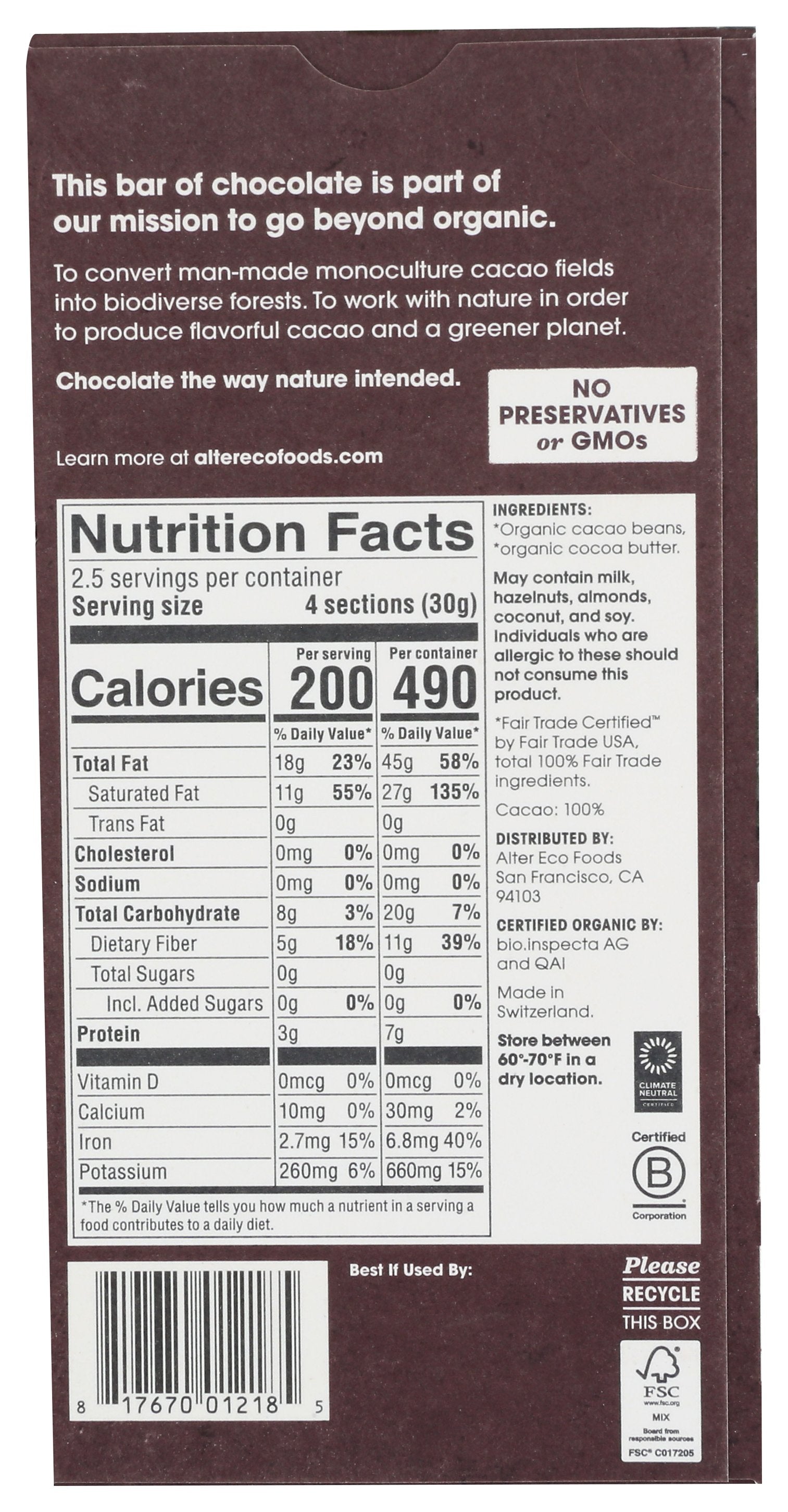 ALTER ECO CHOC BR 100CAC BLCKT ORG - Case of 12