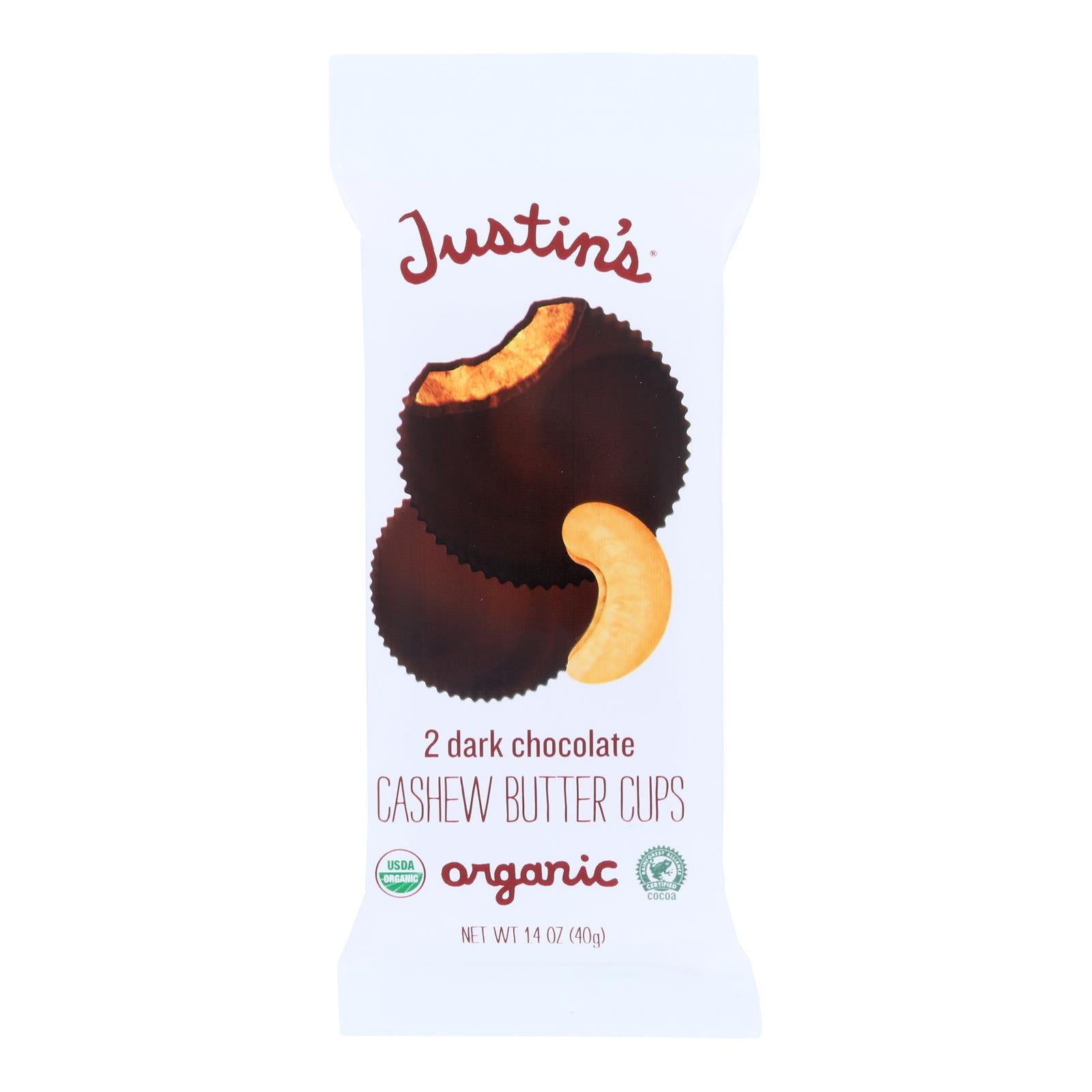 Justin's Nut Butter Cashew Butter Cups - Dark Chocolate - Case of 12 - 1.4 oz.