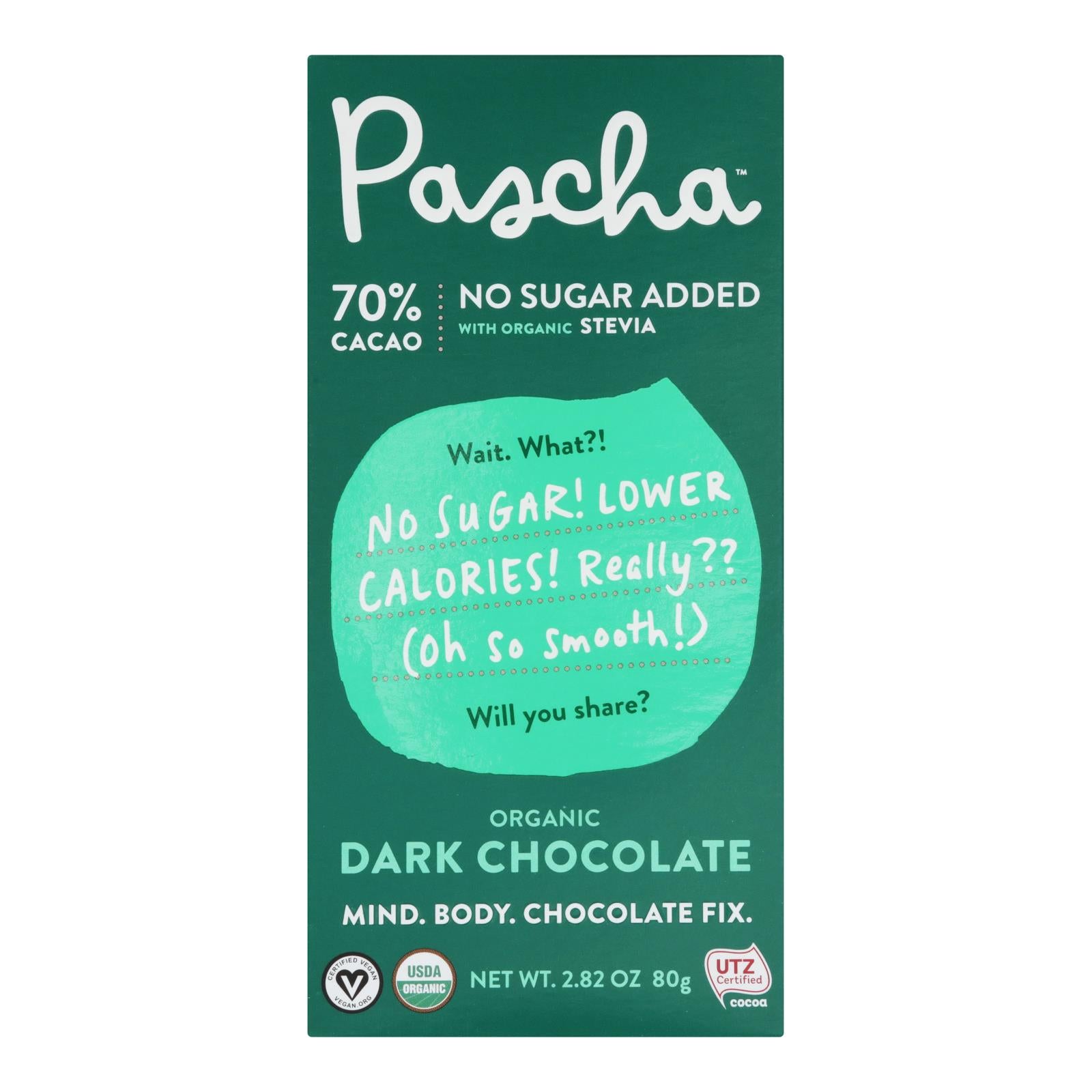 Pascha - Bar Dark Chocolate  70% Stevia - Case of 10 - 2.82 OZ