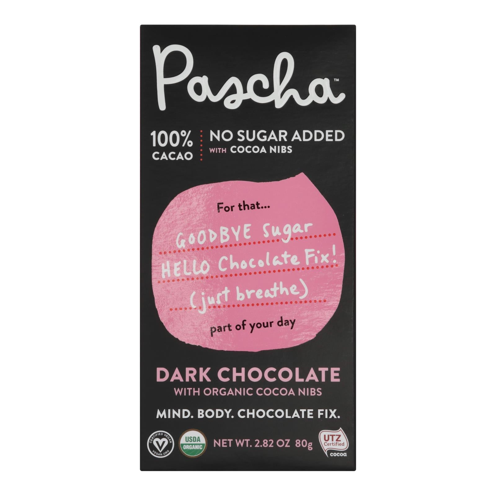 Pascha - Bar Dark Chocolate  100% Nibs - Case of 10 - 2.82 OZ