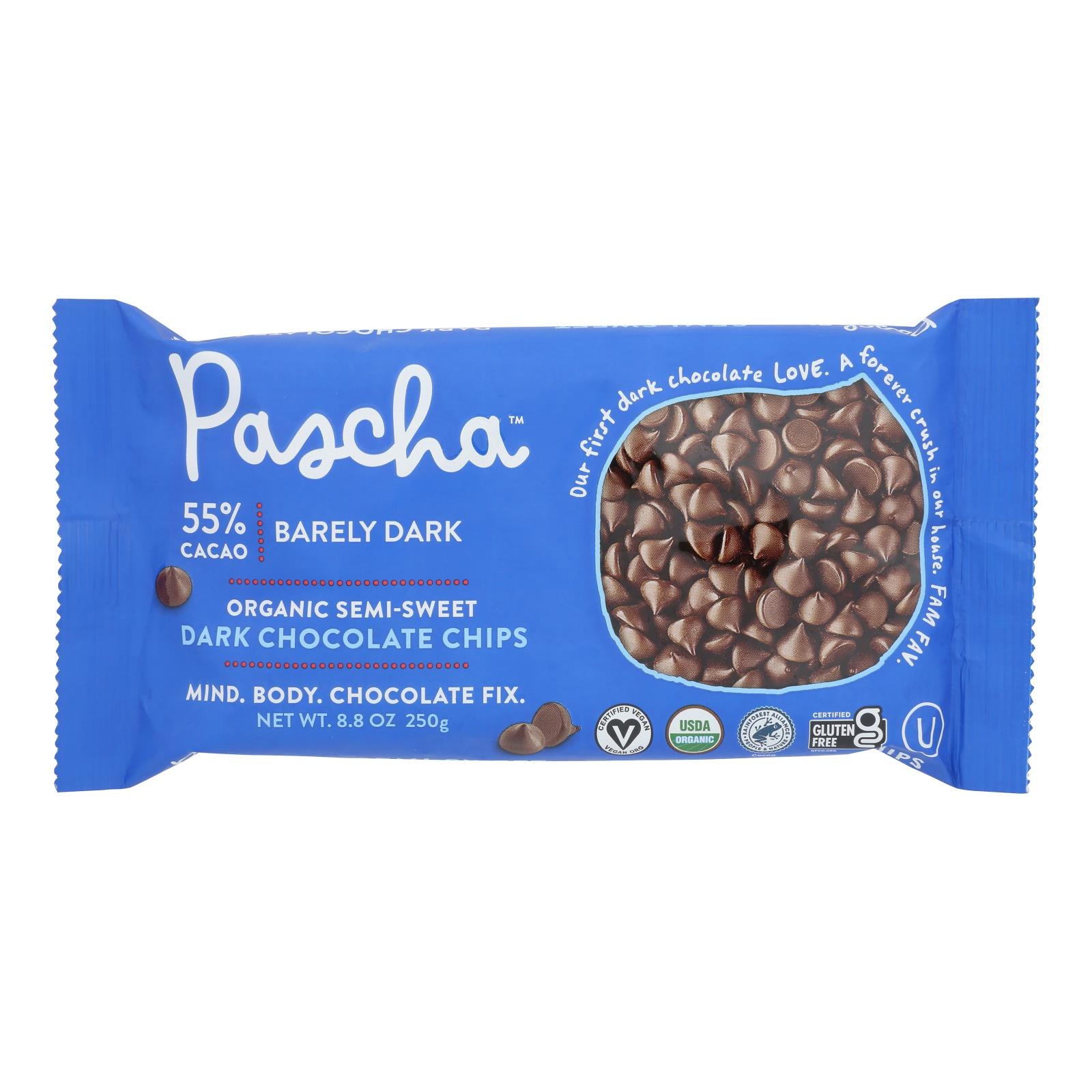 Pascha Chocolate Chips - Semi - Sweet Dark - Case of 6 - 8.8 oz.
