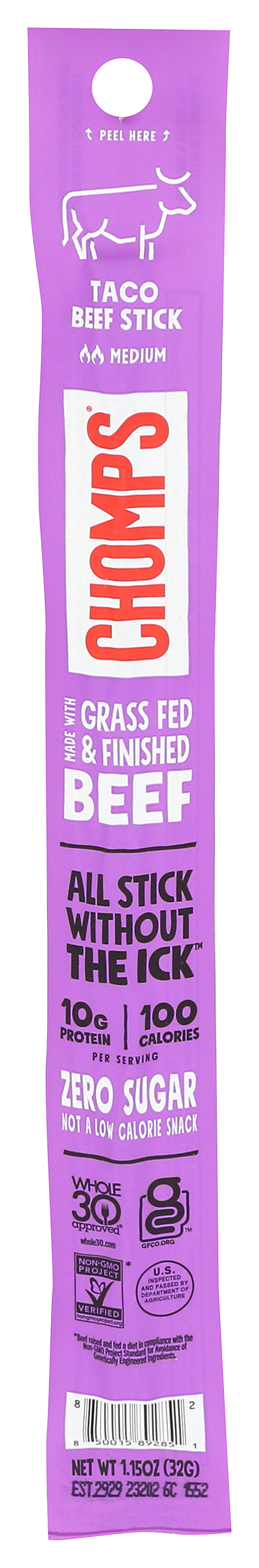 Chomps Beef Stick Taco - Case of 24 - 1.15 oz