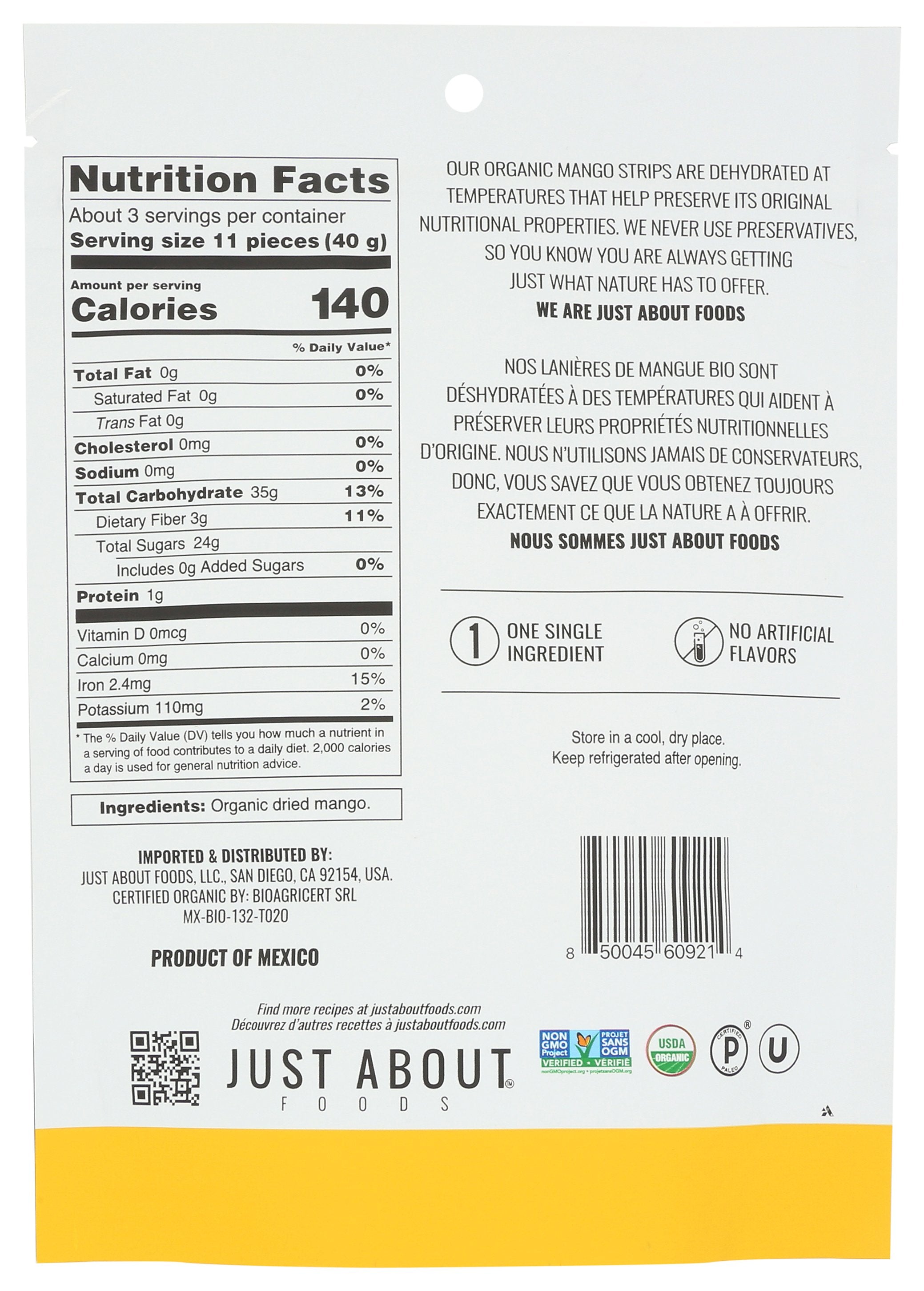 JUST ABOUT FOODS MANGO STRIPS DRIED - Case of 6