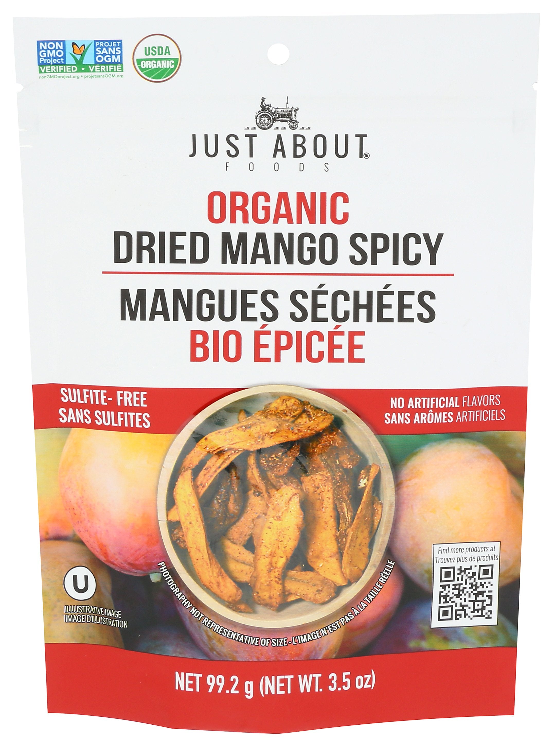 JUST ABOUT FOODS MANGO SPCY STRIPS DRIED - Case of 6