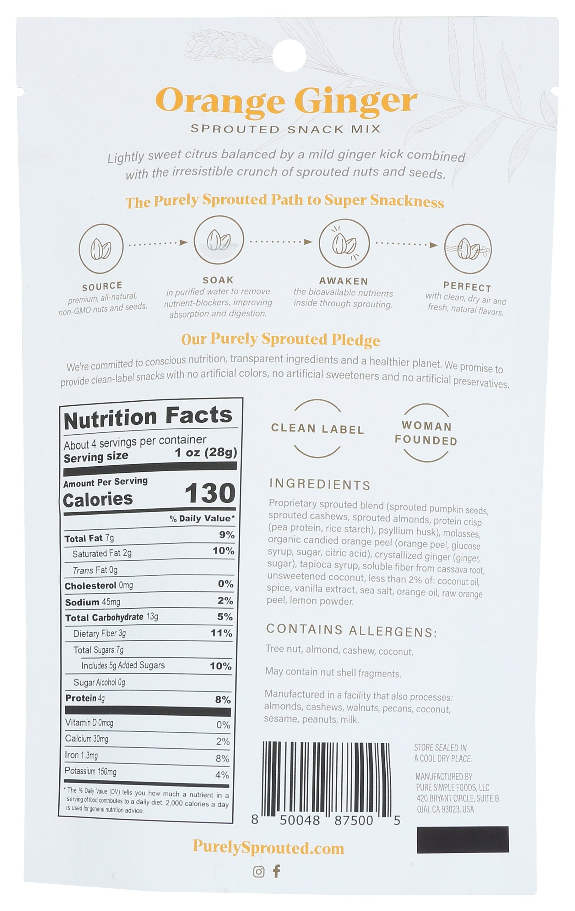 PURELY SPROUTED MIX SNACK ORANGE GINGER - Case of 6