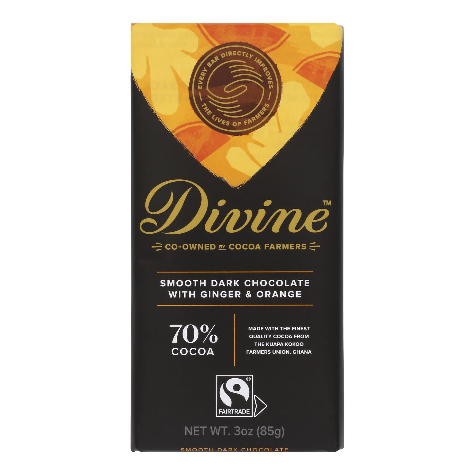 Divine - Bar Dark Chocolate 70% Gng/orng - Case of 12 - 3 OZ
