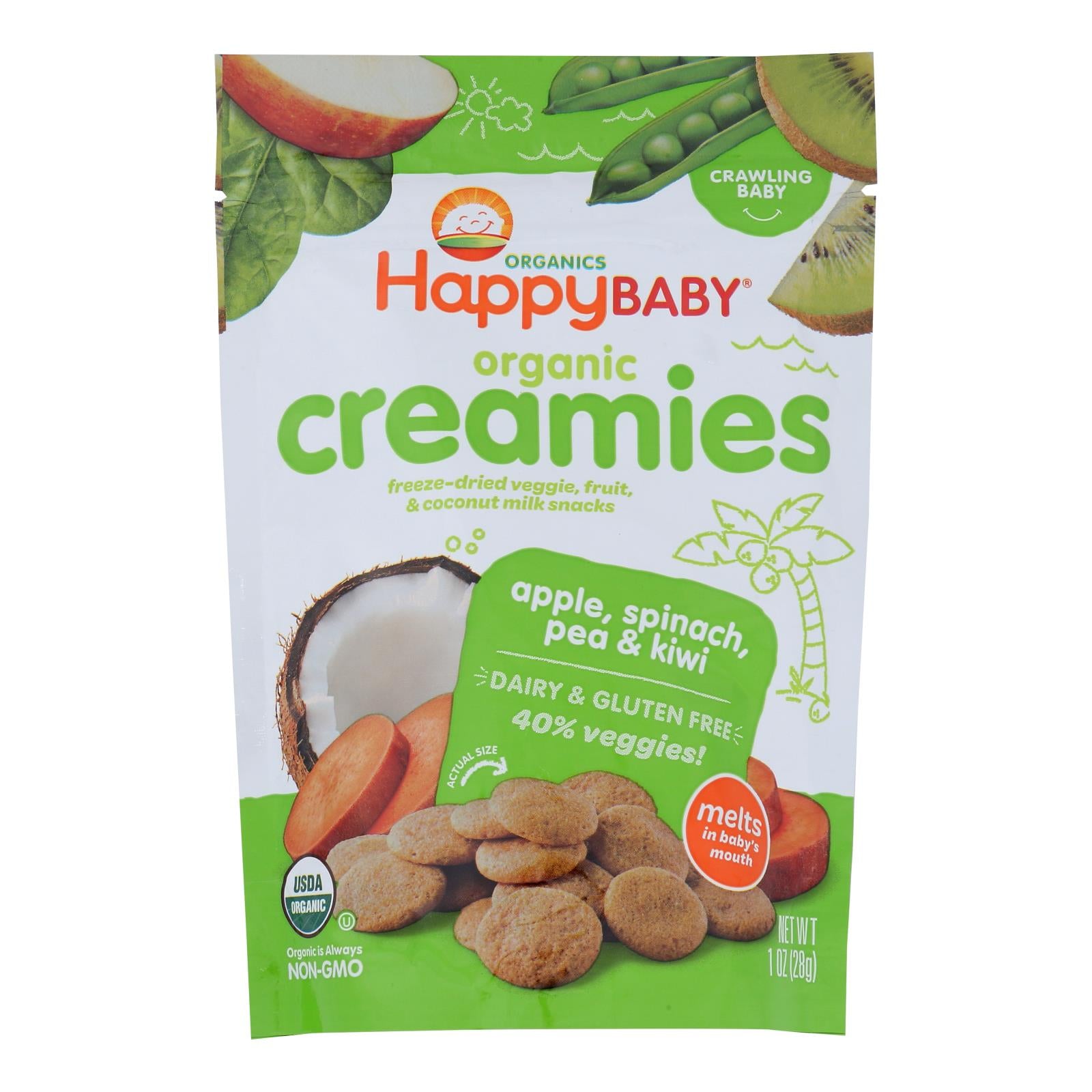 Happy Creamies Organic Snacks - Apple Spinach Pea Kiwi - Case of 8 - 1 oz