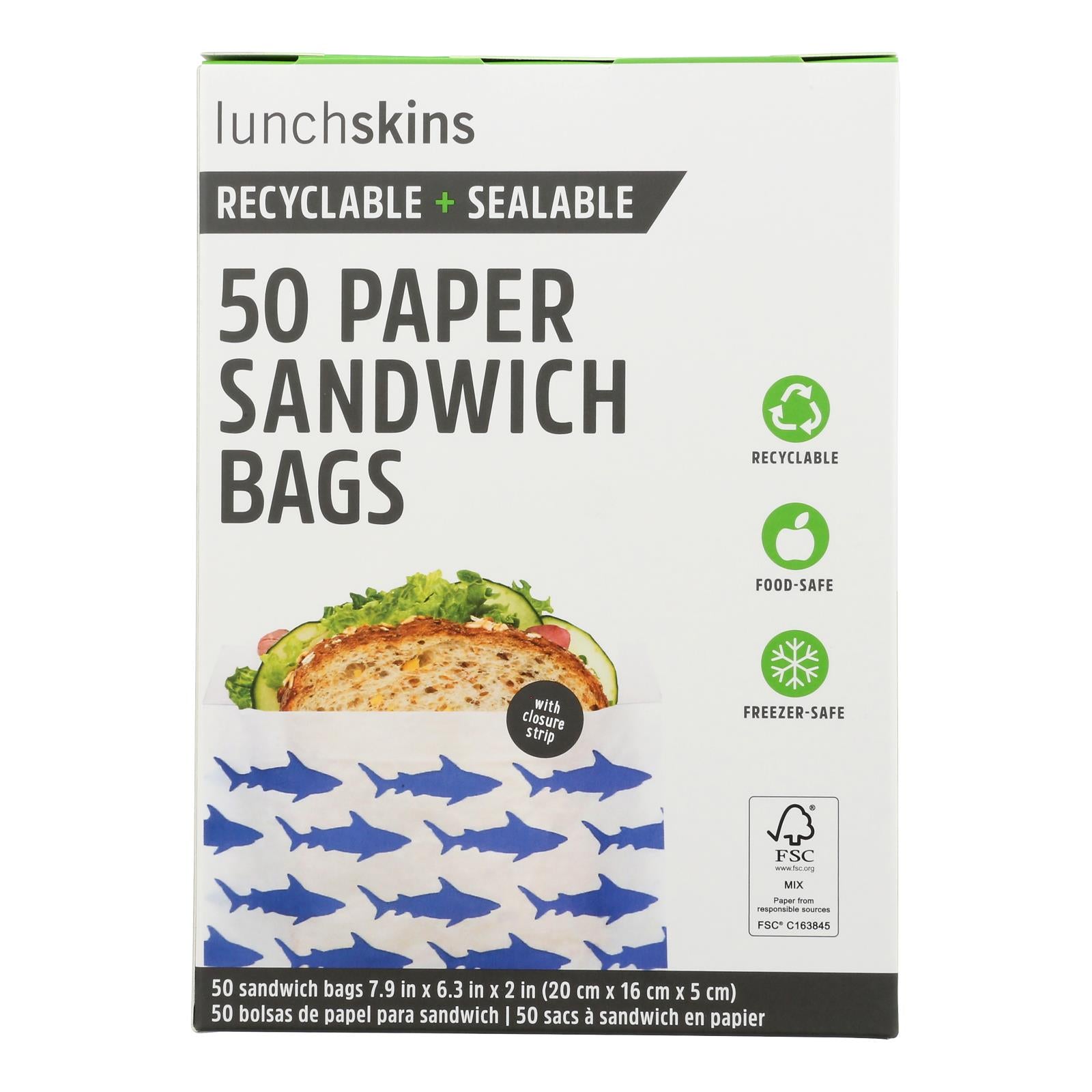 Lunchskins - Recyclable And Sealable Paper Sandwich Bags - Shark - Case Of 12 - 50 Count