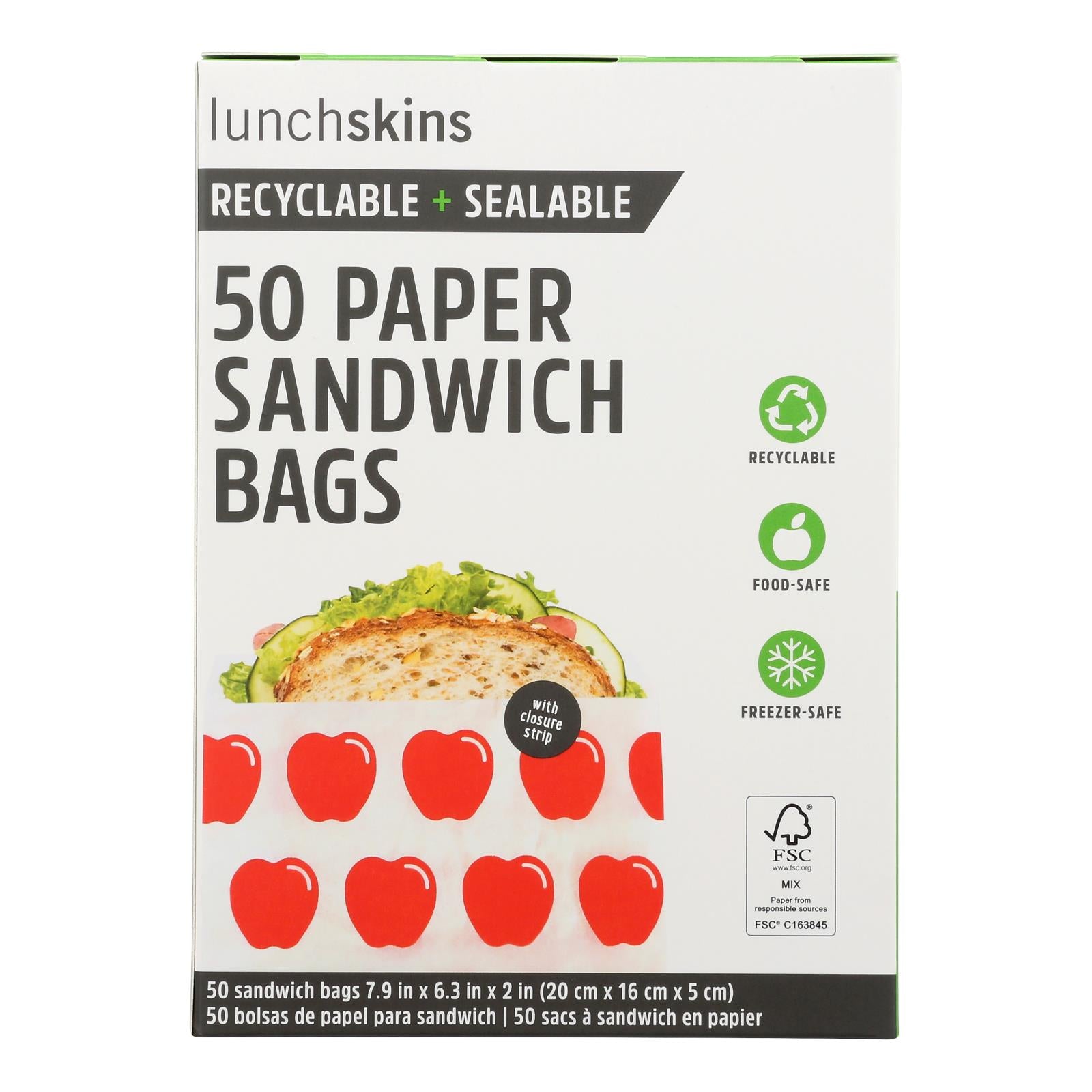 Lunchskins - Recyclable And Sealable Paper Sandwich Bags - Red Apple - Case Of 12 - 50 Count