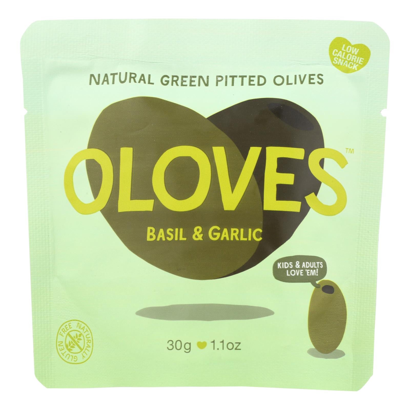 Oloves Green Pitted Olives - Basil And Garlic - Case Of 10 - 1.1 Oz.