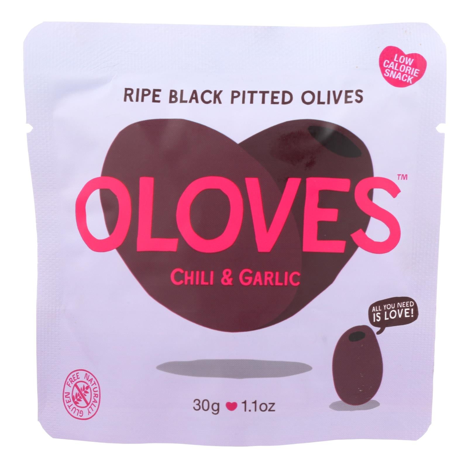 Oloves Black Pitted Olives - Chili and Garlic - Case of 10 - 1.1 oz.