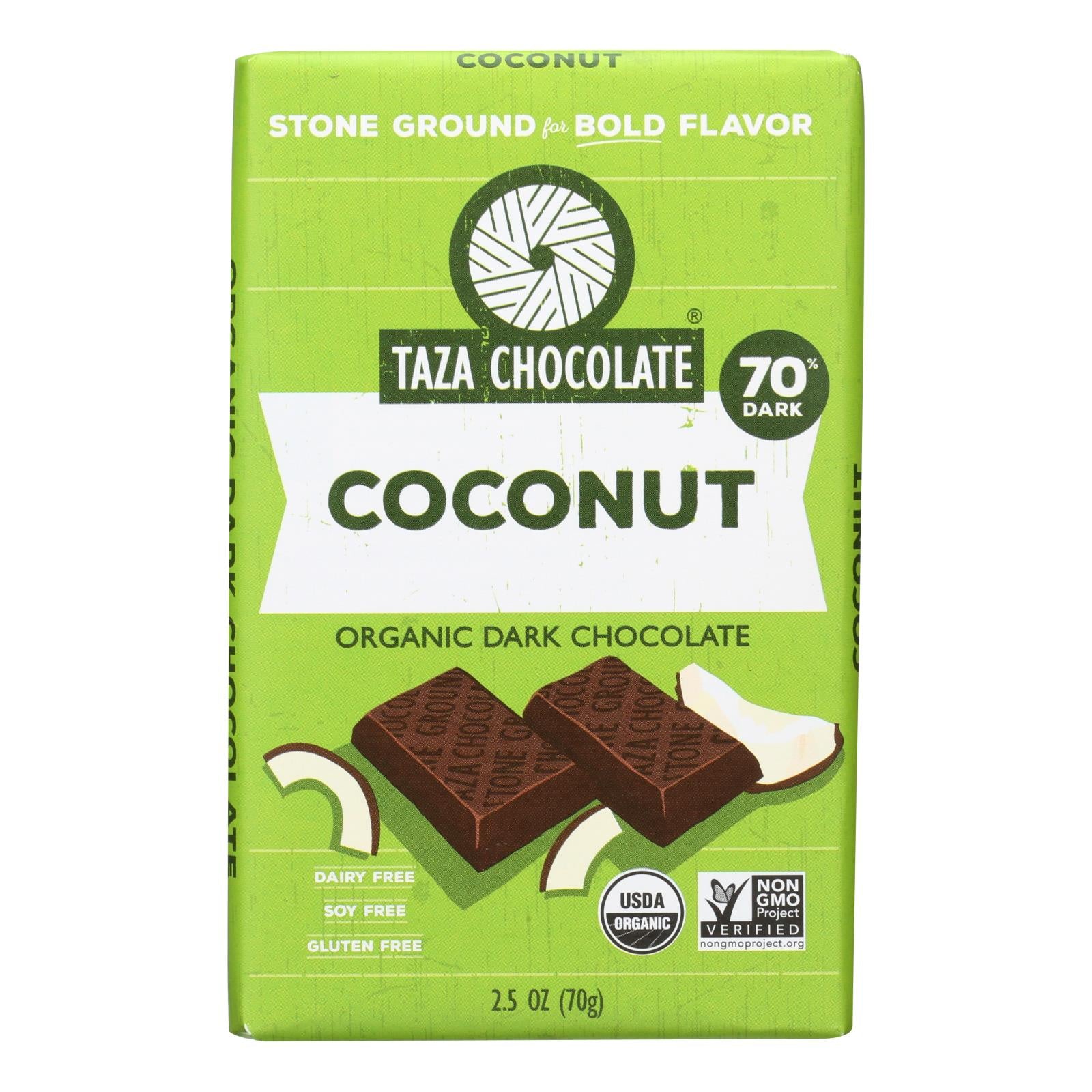 Taza Chocolate Stone Ground Organic Dark Chocolate Bar - Coco Besos Coconut - Case of 10 - 2.5 oz.