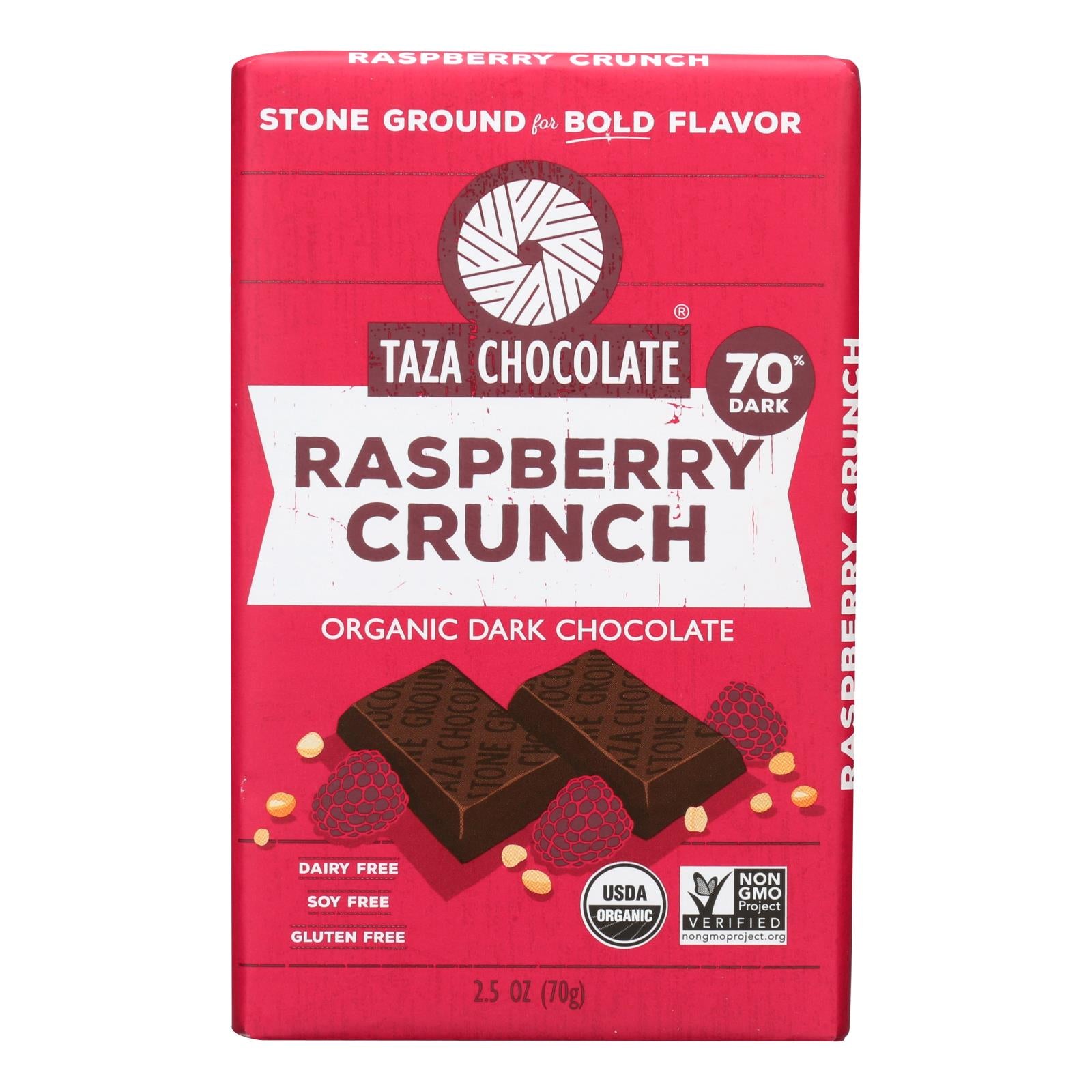 Taza Chocolate Stone Ground Organic Dark Chocolate Bar - Raspberry Crunch - Case of 10 - 2.5 oz.