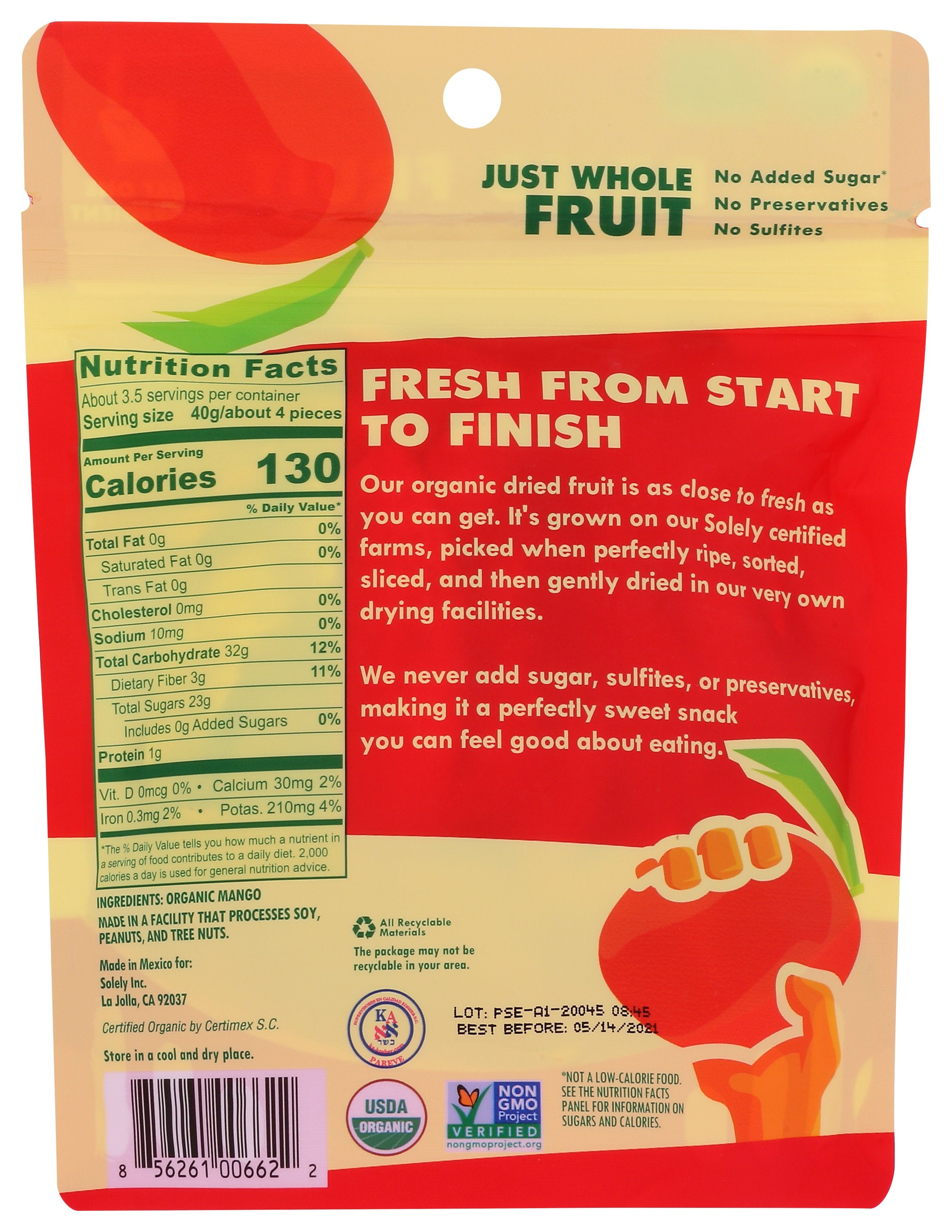 SOLELY FRUIT DRIED MANGO ORG - Case of 6