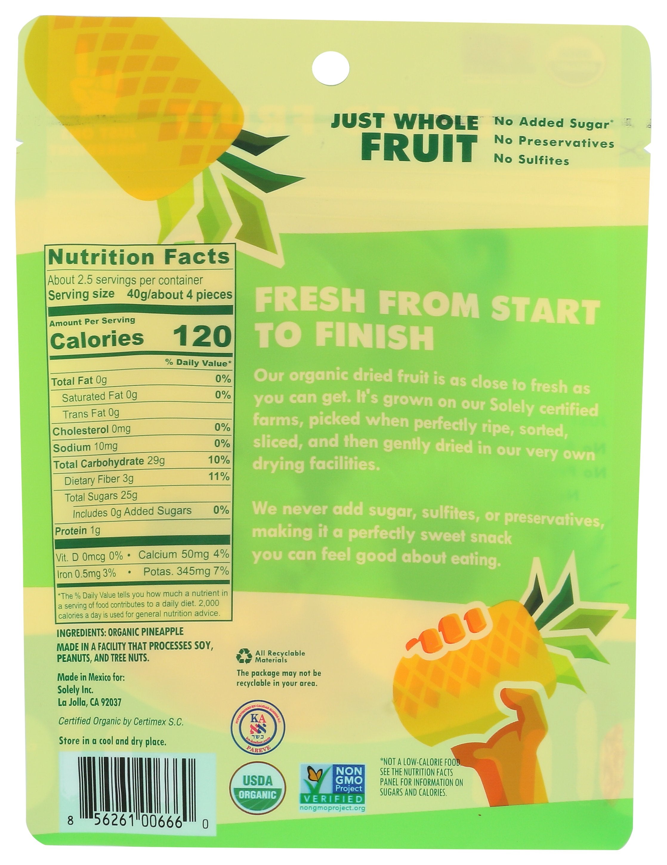 SOLELY FRUIT DRIED PINEAPPLE ORG - Case of 6