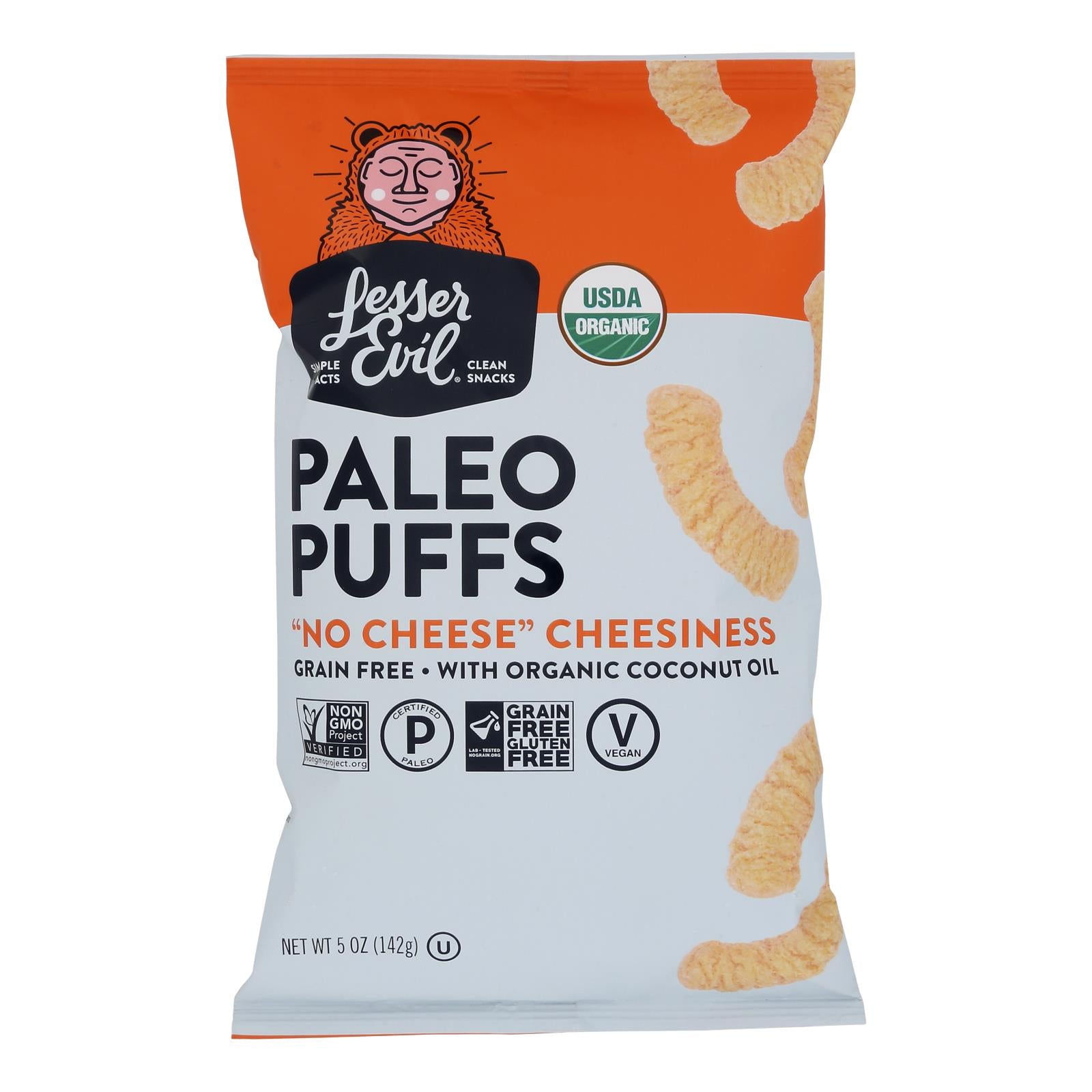 Lesser Evil Puffs - Crunchy No Cheese Cheesiness - Case Of 9 - 5 Oz.