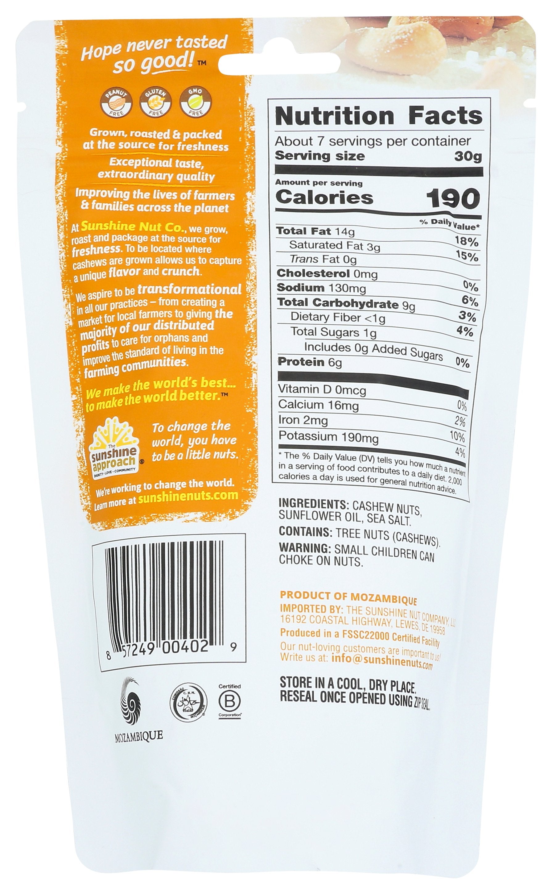 SUNSHINE NUT COMPANY CASHEWS RSTD SALTED - Case of 6