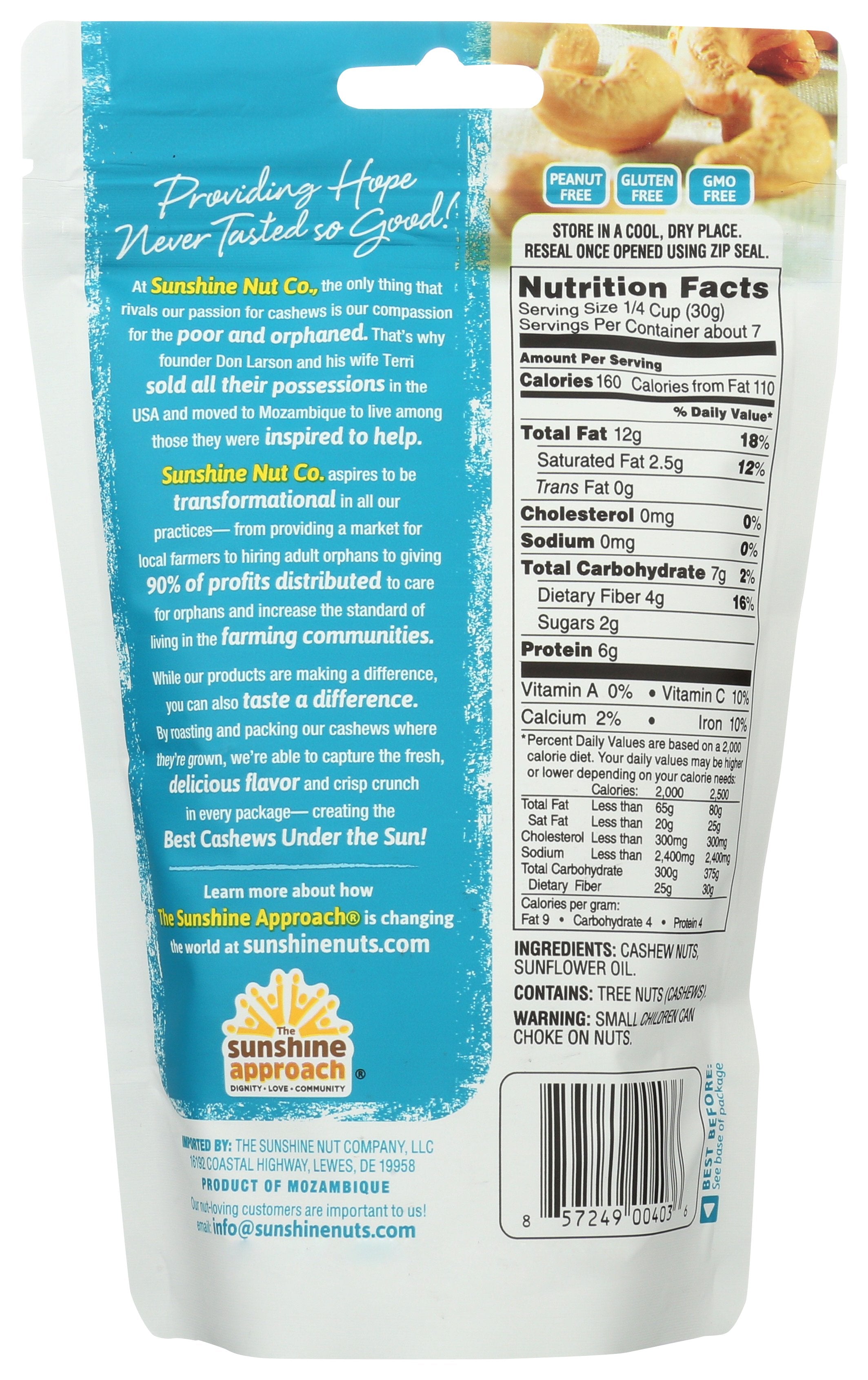 SUNSHINE NUT COMPANY CASHEWS RSTD PLAIN - Case of 6