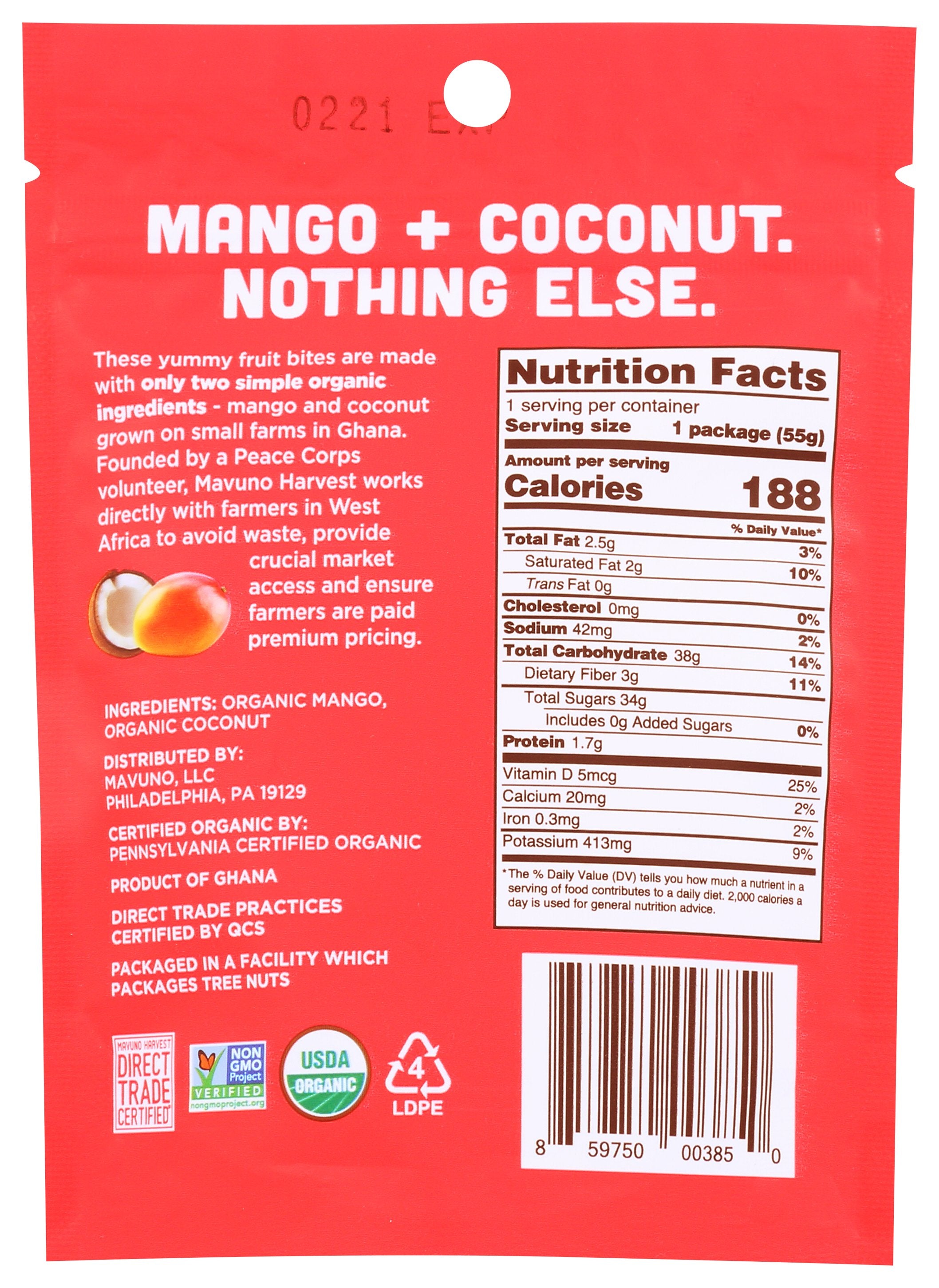 MAVUNO HARVEST BITES FRUIT MANGO COCONUT - Case of 8