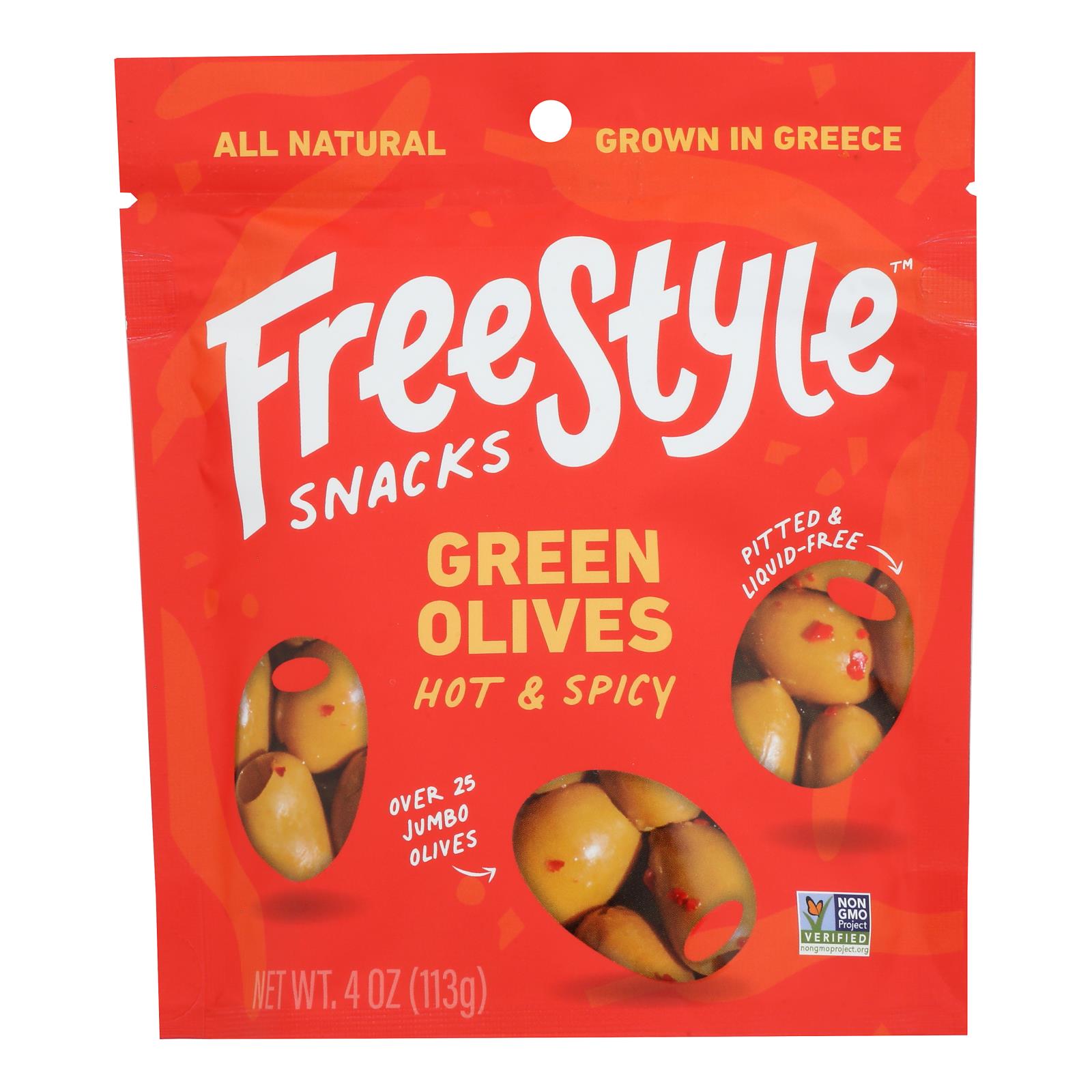 Freestyle Snacking - Olives Green Hot and Spicy - Case of 6-4 Ounce