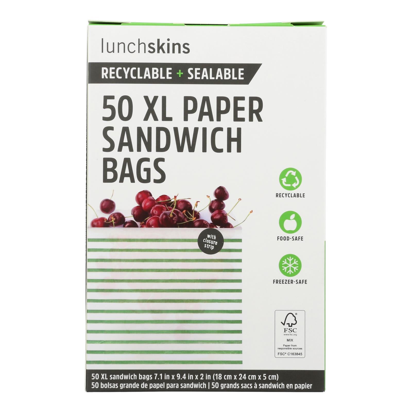 Lunchskins - Paper Sandwich Bags - Green Stripe - Case Of 12 - 50 Count